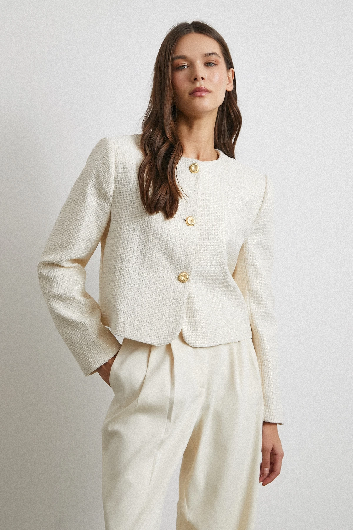 Koton Düğmeli Uzun Kollu Ceket Ekru