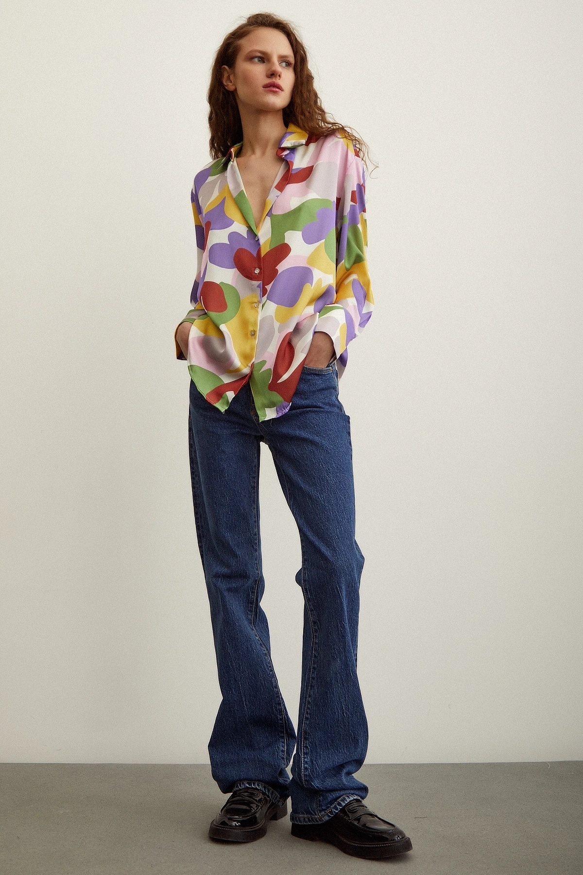 Desenli Saten Gömlek Lila