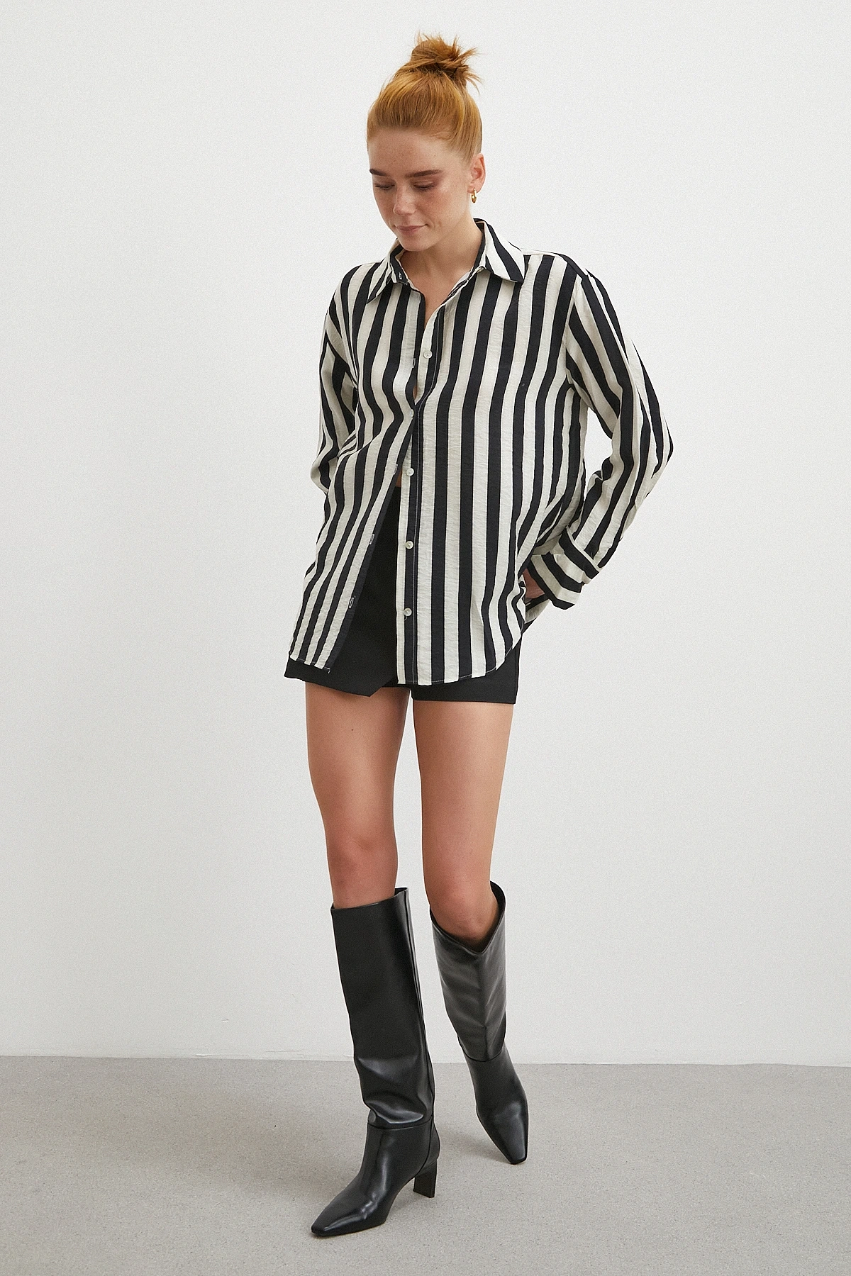 Çizgili Uzun Kollu Gömlek Siyah