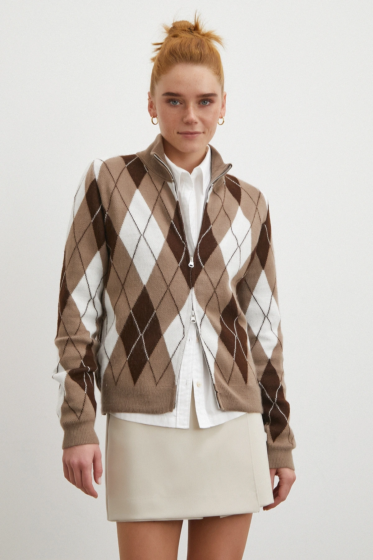 Fermuarlı Baklava Desen Kazak Kahve