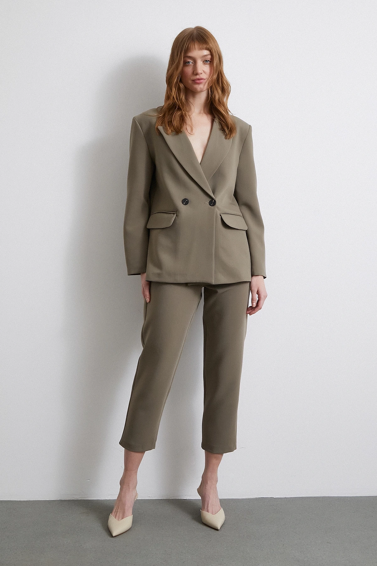 Önü Pensli Skinny Kumaş Pantolon Haki