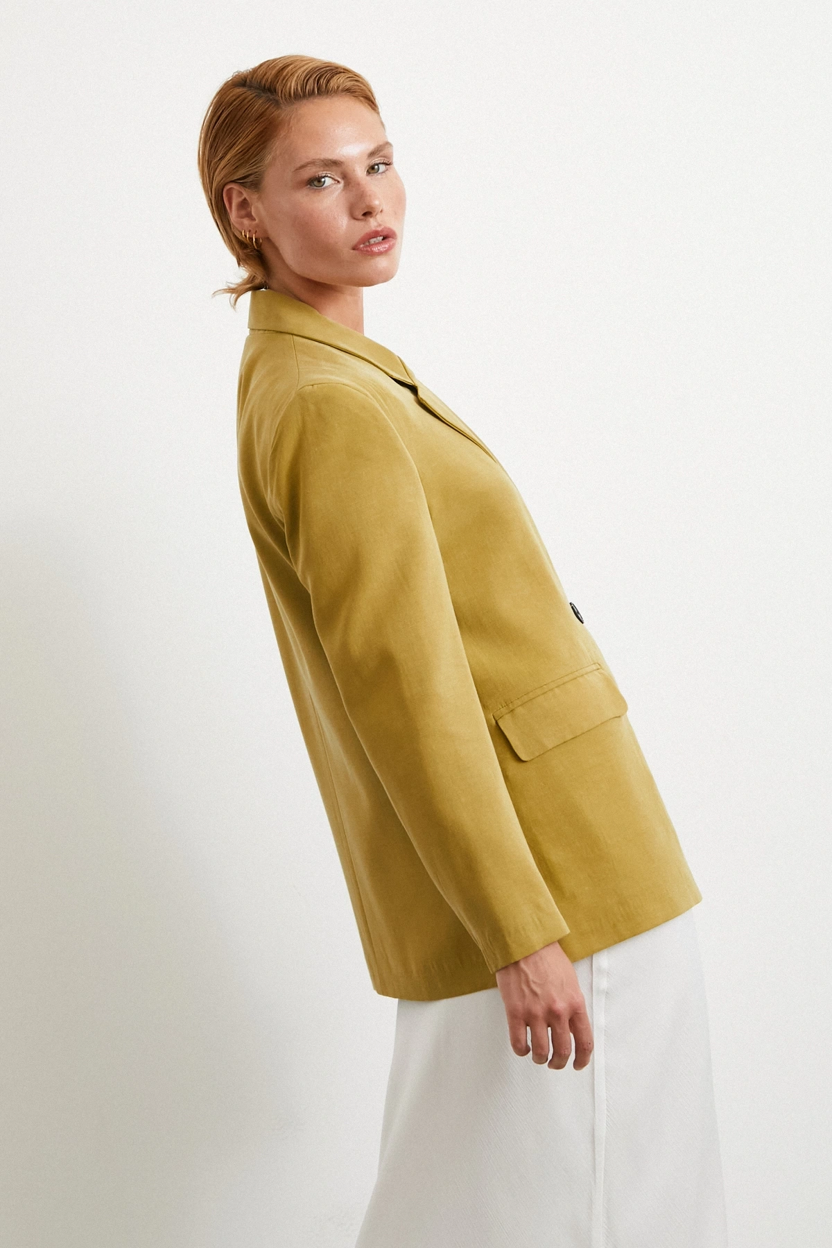 Çift Düğmeli Keten Blazer Ceket Olive