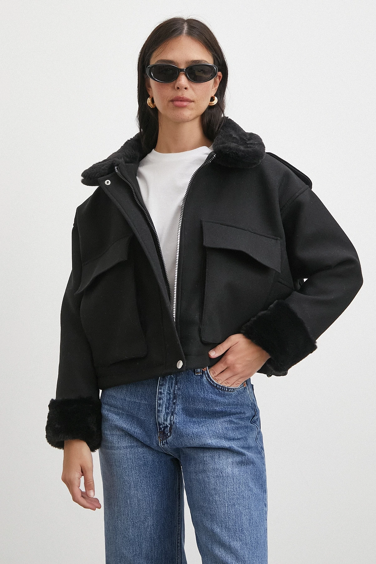 Apoletli Yünlü Körük Cepli Kaşe Mont Siyah