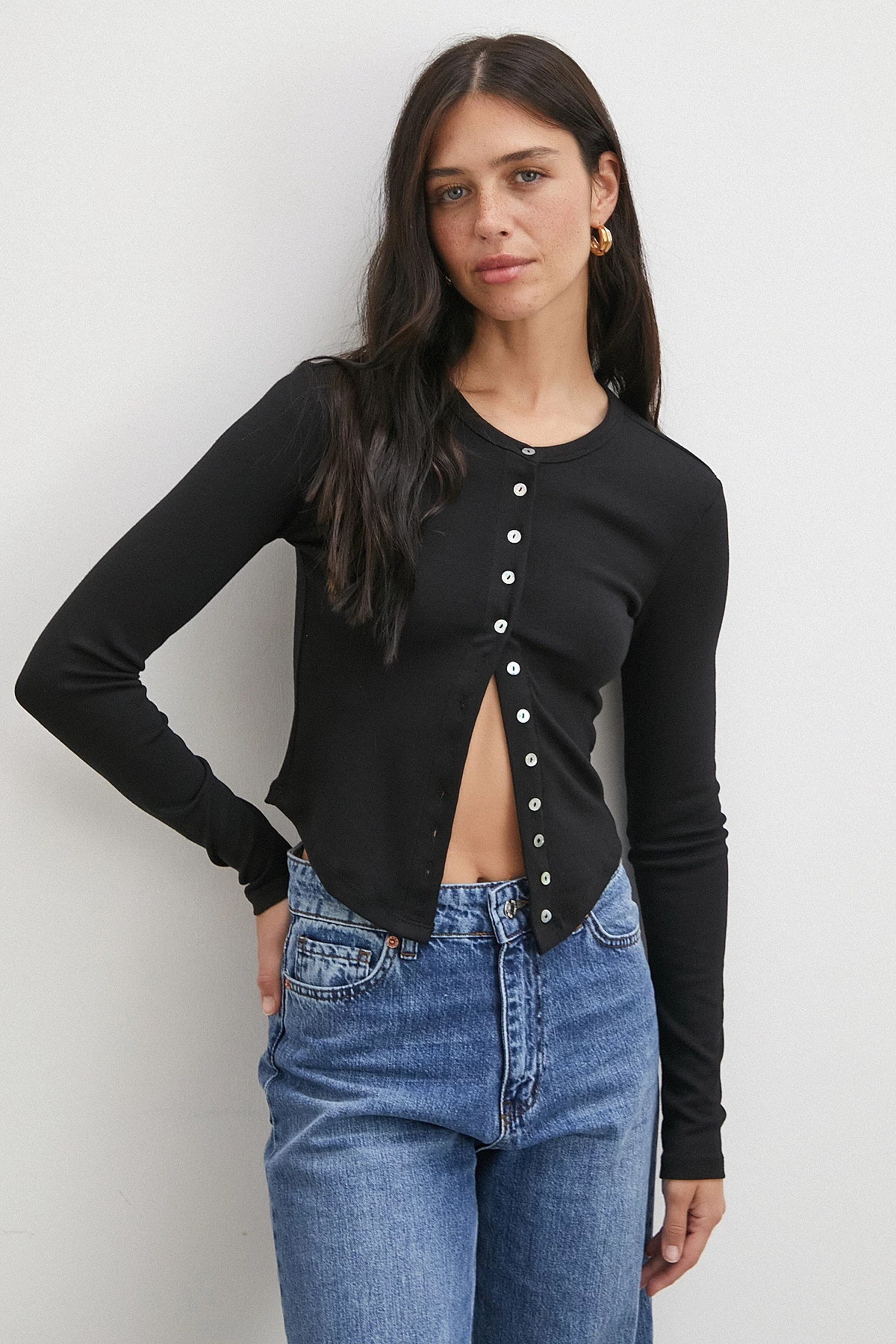 Düğmeli Uzun Kol Bluz Siyah