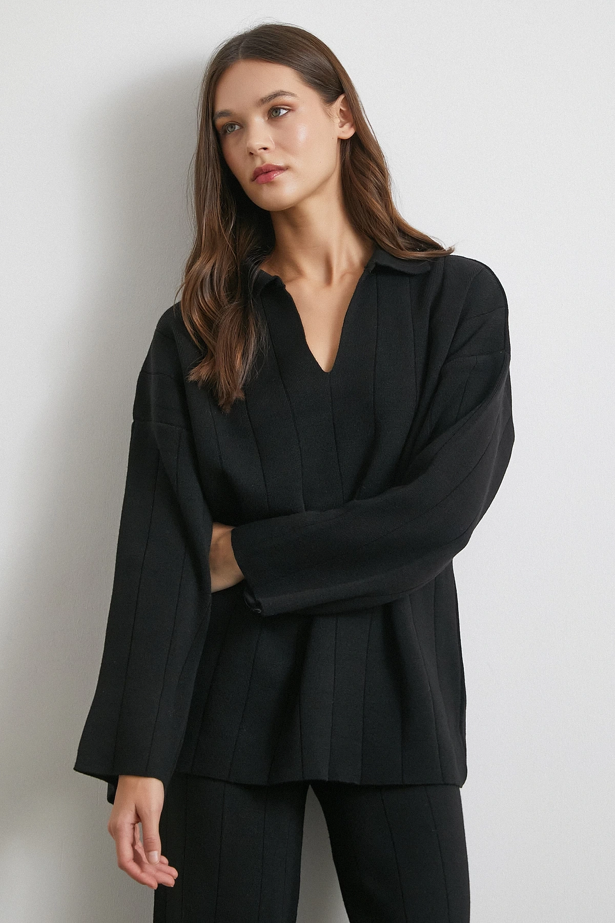 Polo Yaka Pantolonlu Triko Takım Siyah