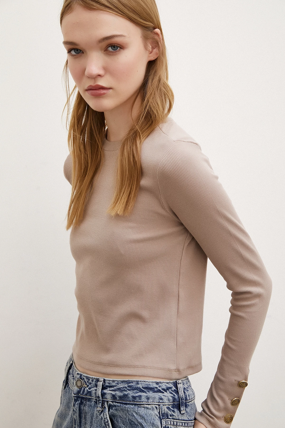 Kollu Düğmeli Bluz Vizon