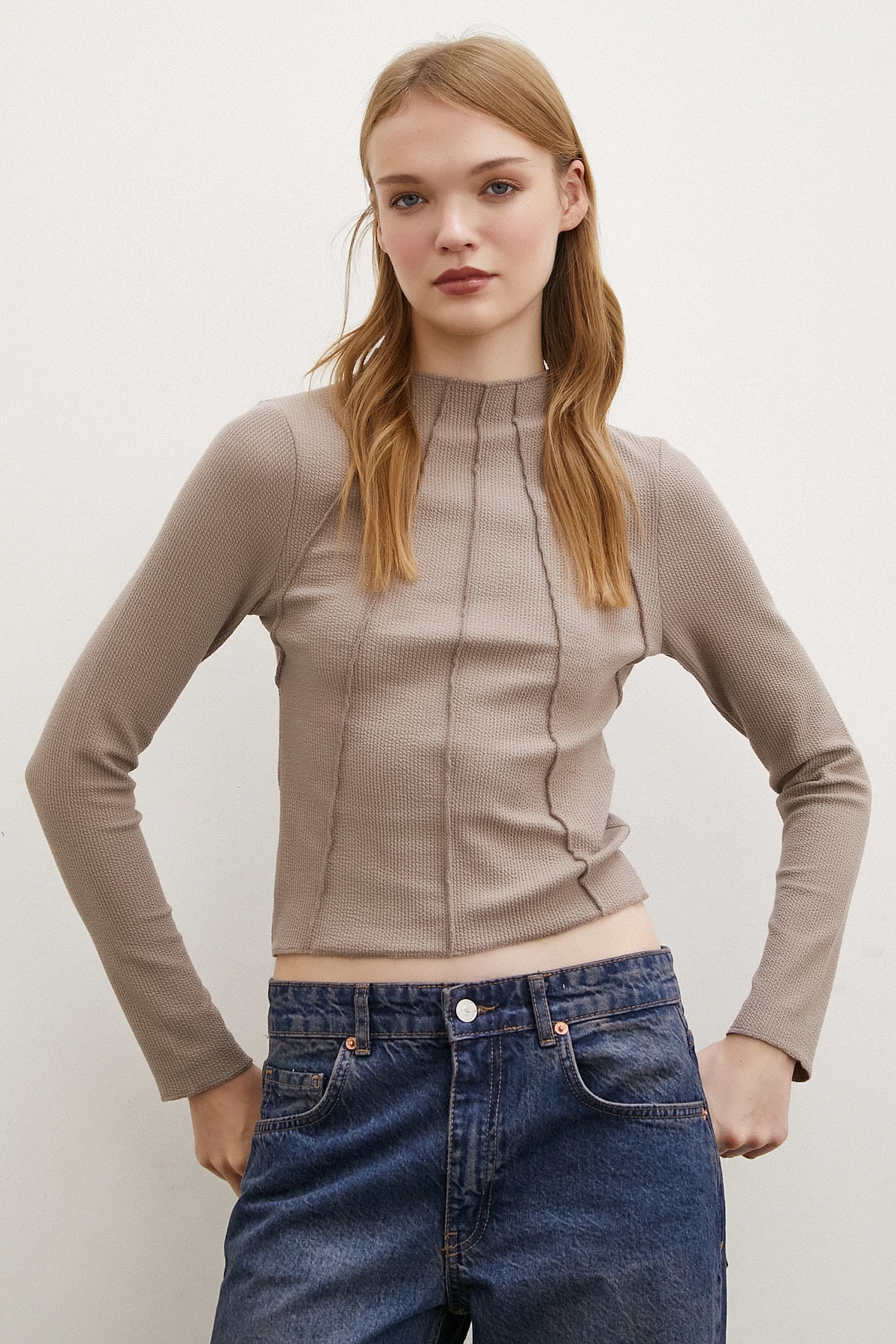 Önü Dikişli Bluz Vizon