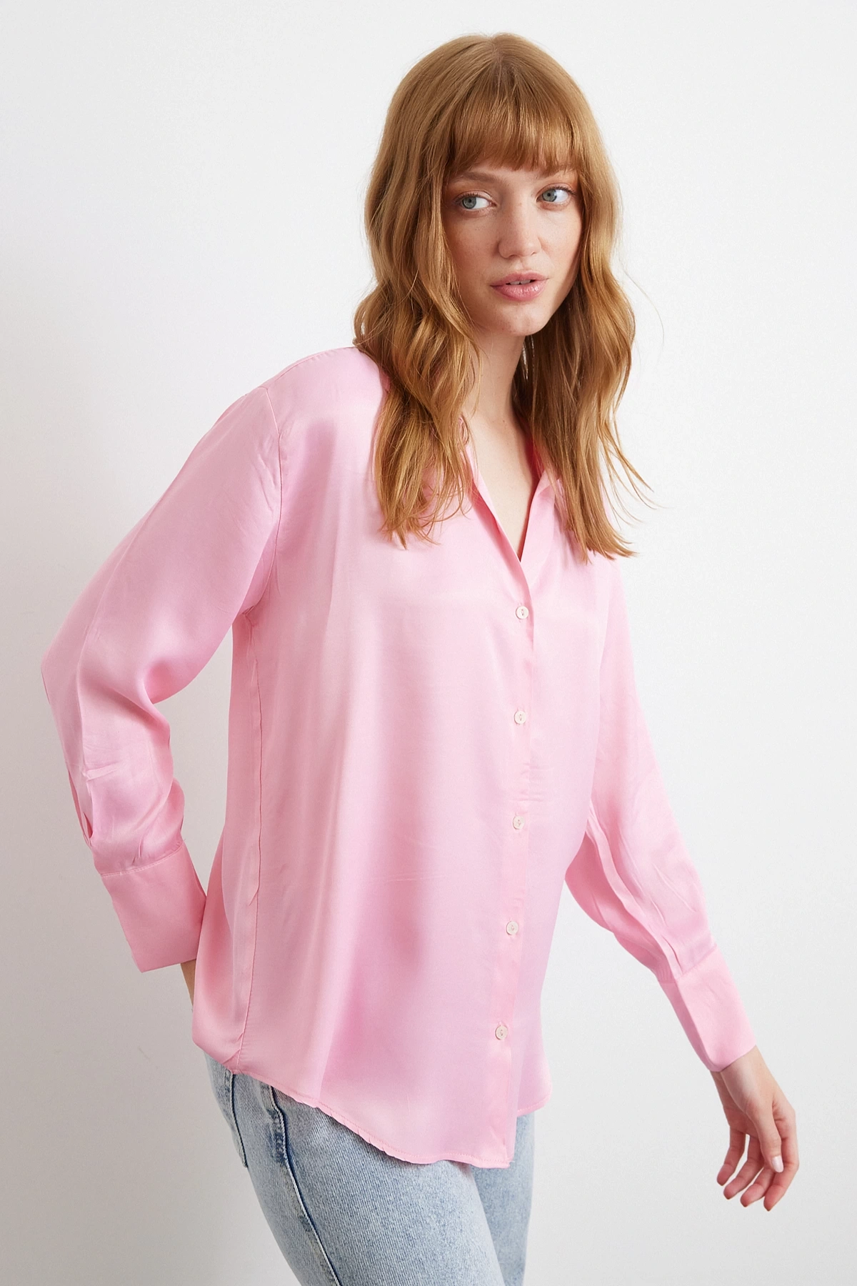 Viskon Saten Gömlek Pembe