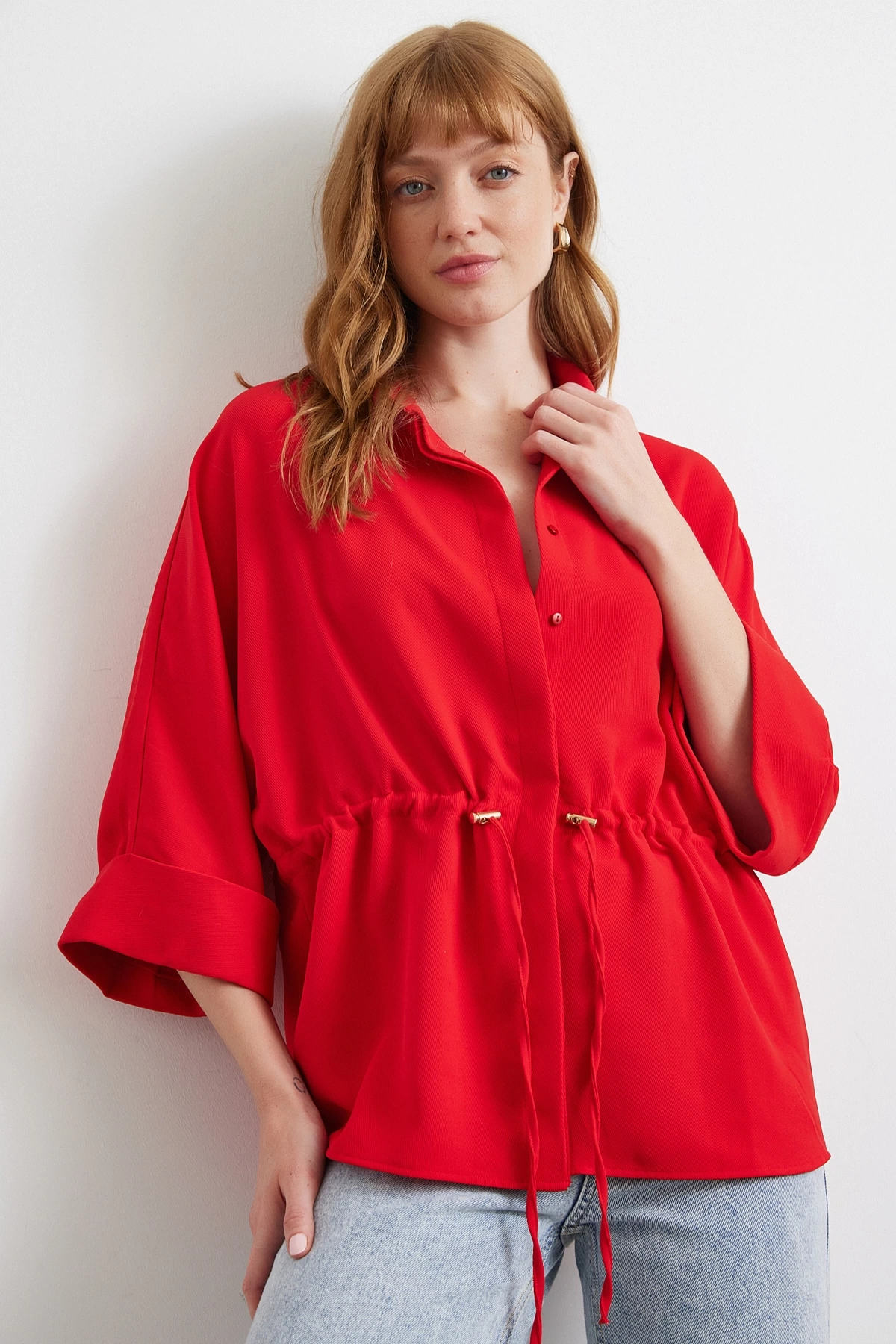 Büzgülü Kimono Gömlek Kırmızı