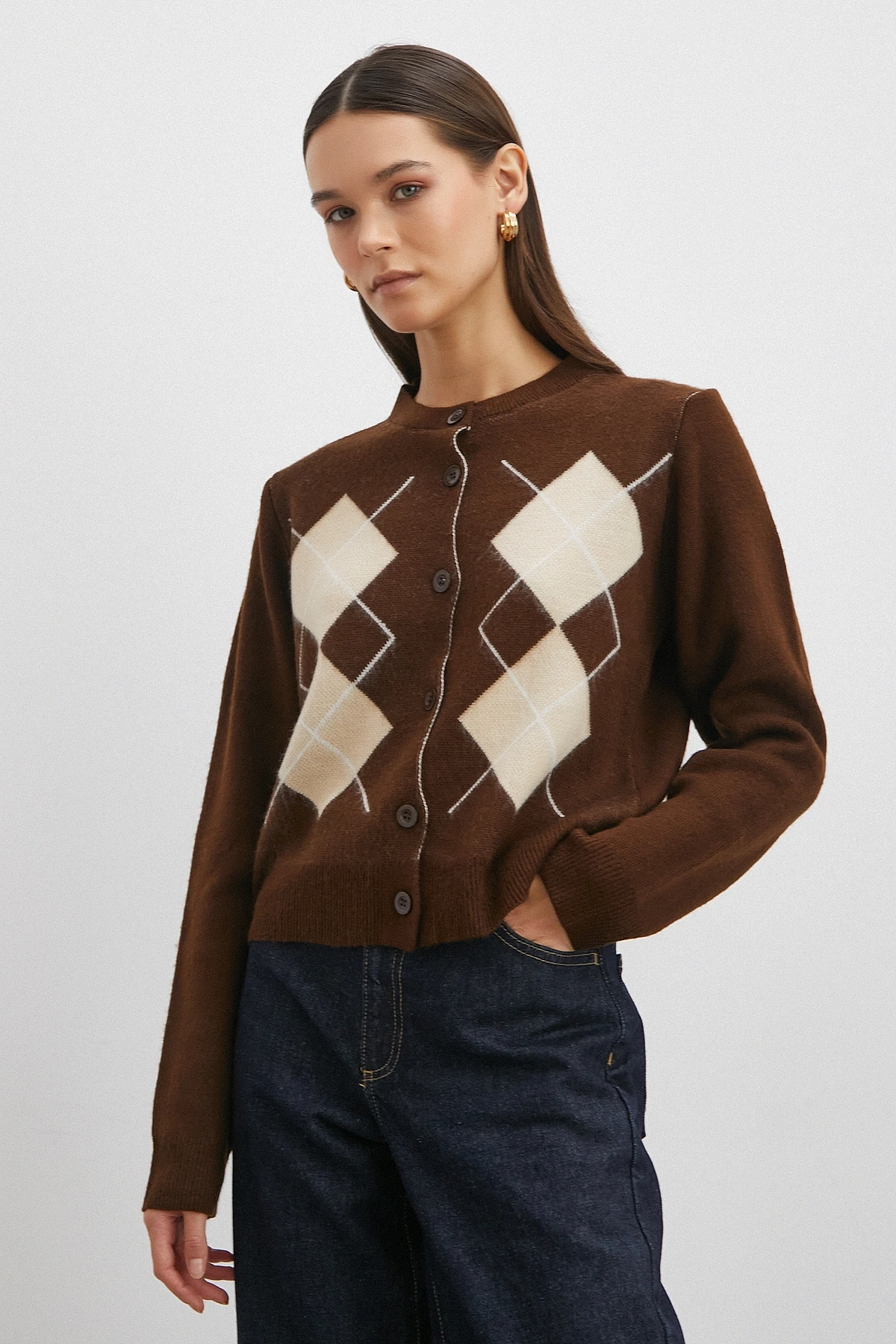 Düğmeli Baklava Desenli Hırka Kahve