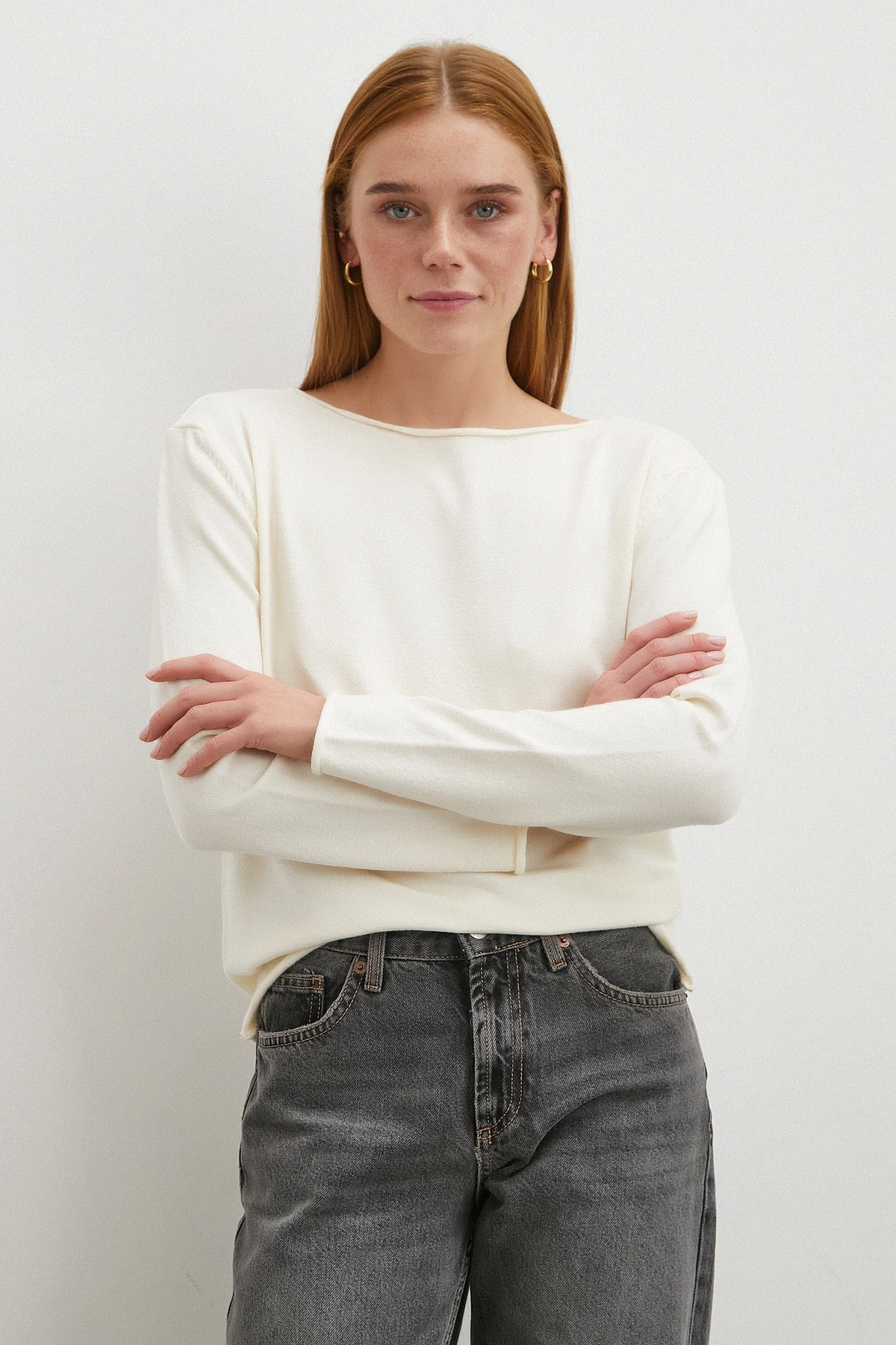 Kayık Yaka Uzun Kol Kazak Ekru