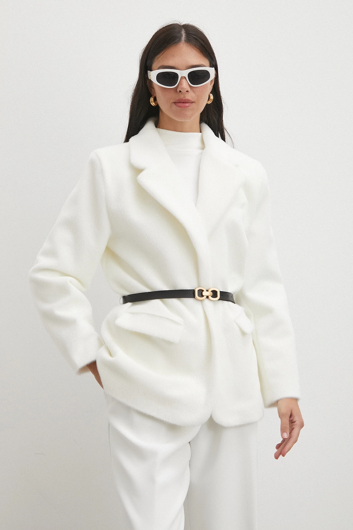 Kemerli Tay Flock Ceket Beyaz