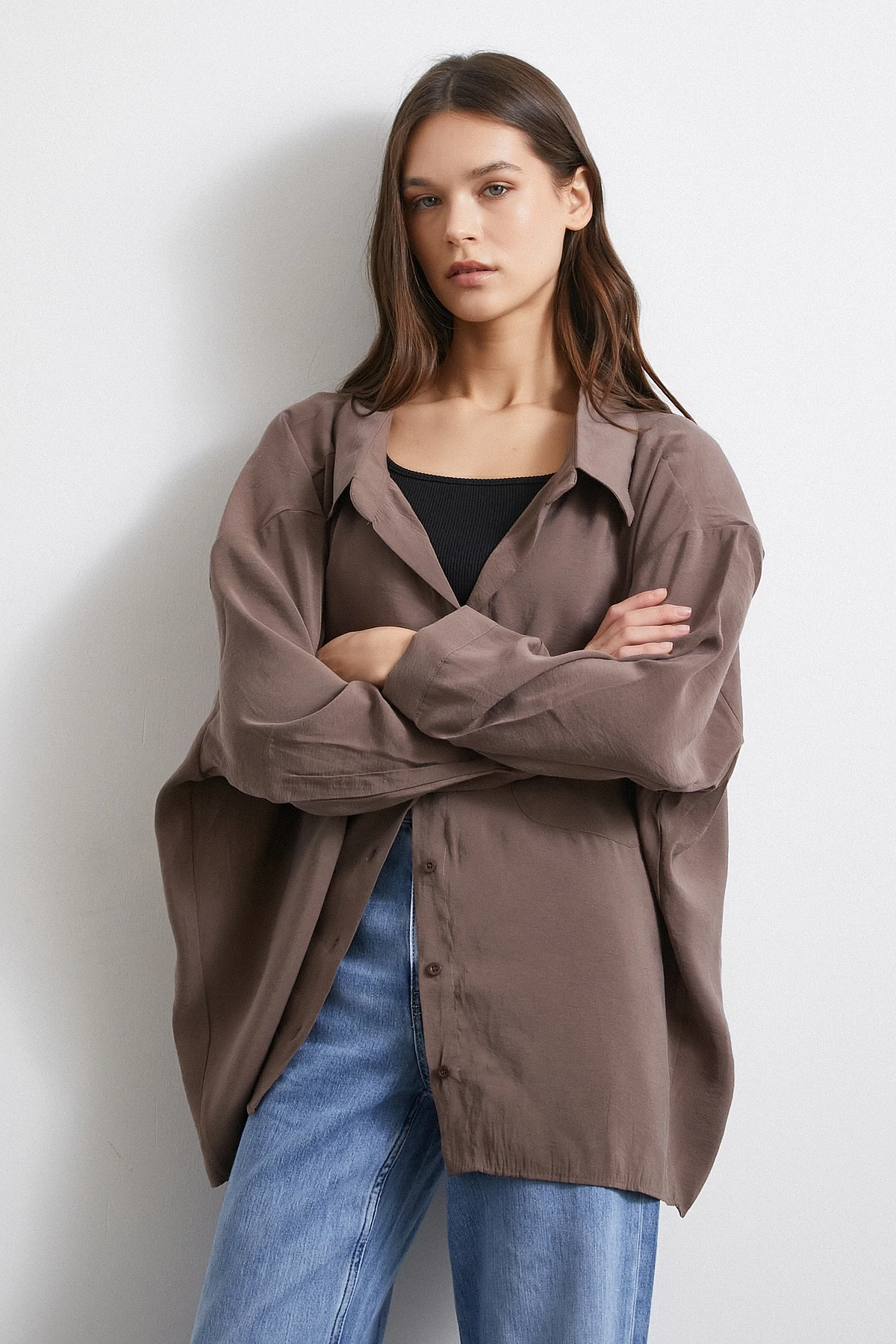 Oversize Cepli Modal Gömlek Kahve