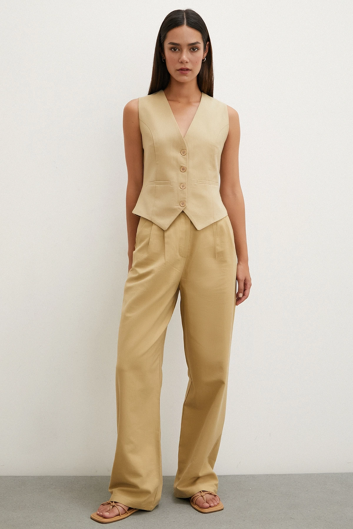 Boru Paça Yüksek Bel Keten Pantolon Camel