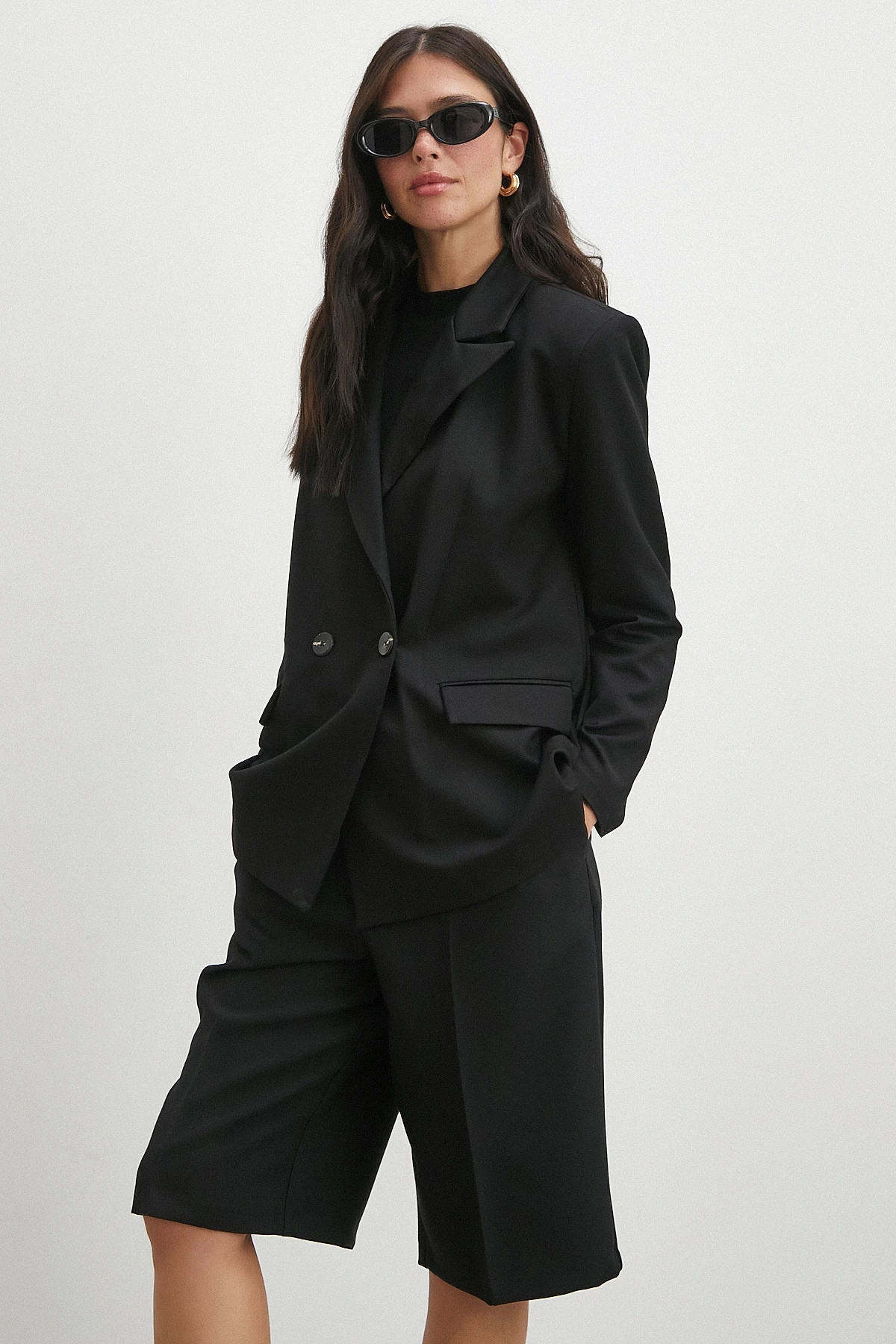 Çift Dügmeli Cep Kapaklı Blazer Ceket Siyah
