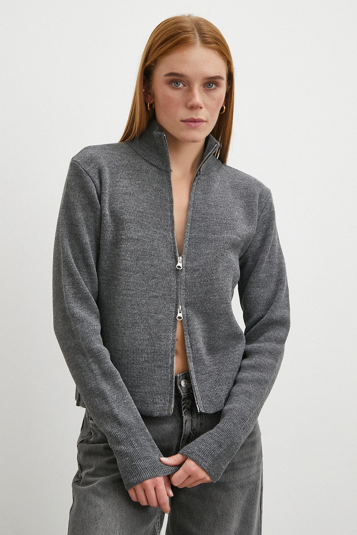 Çift Fermuarlı Triko Hırka Antirasit