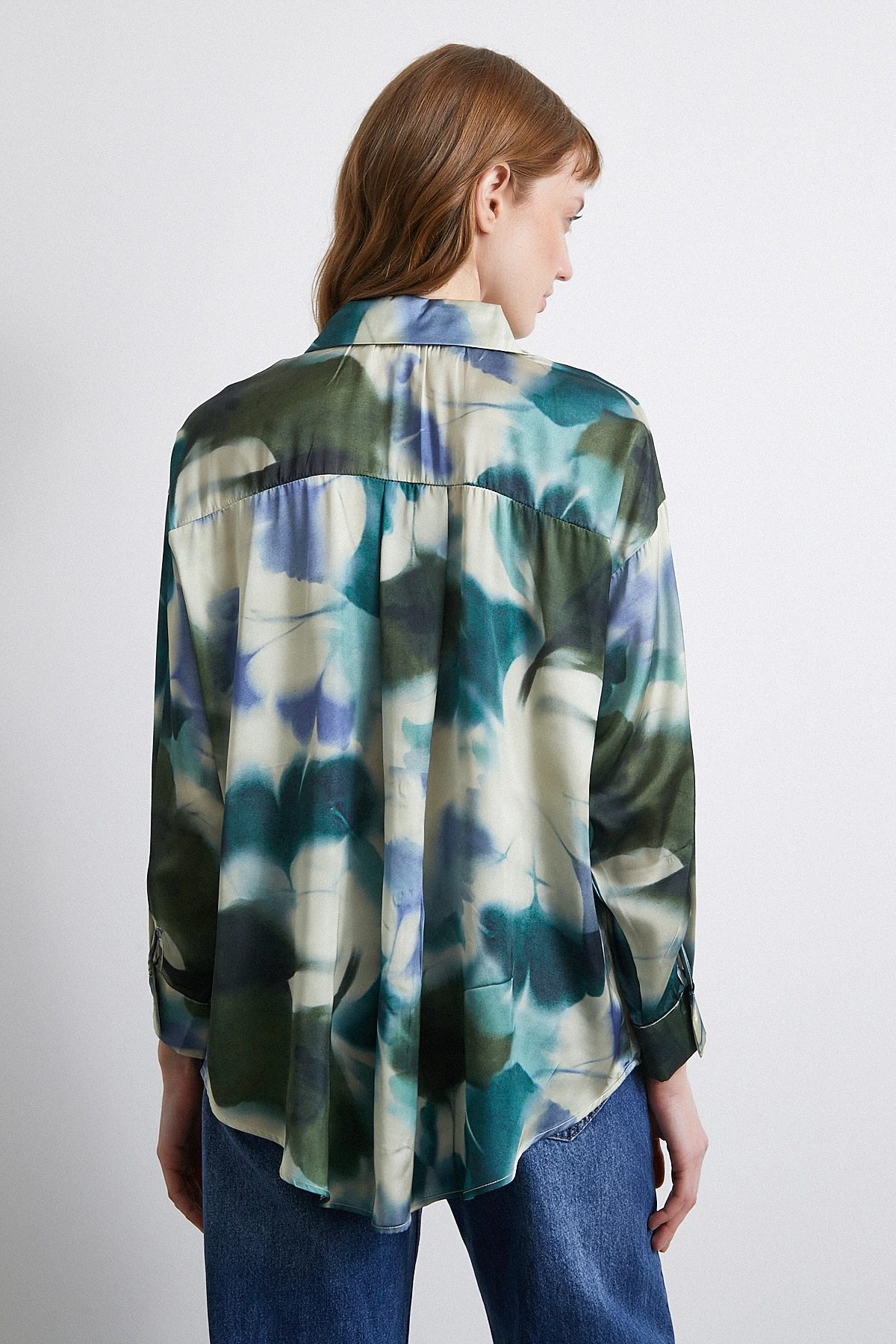 Batik Desen Saten Gömlek Petrol