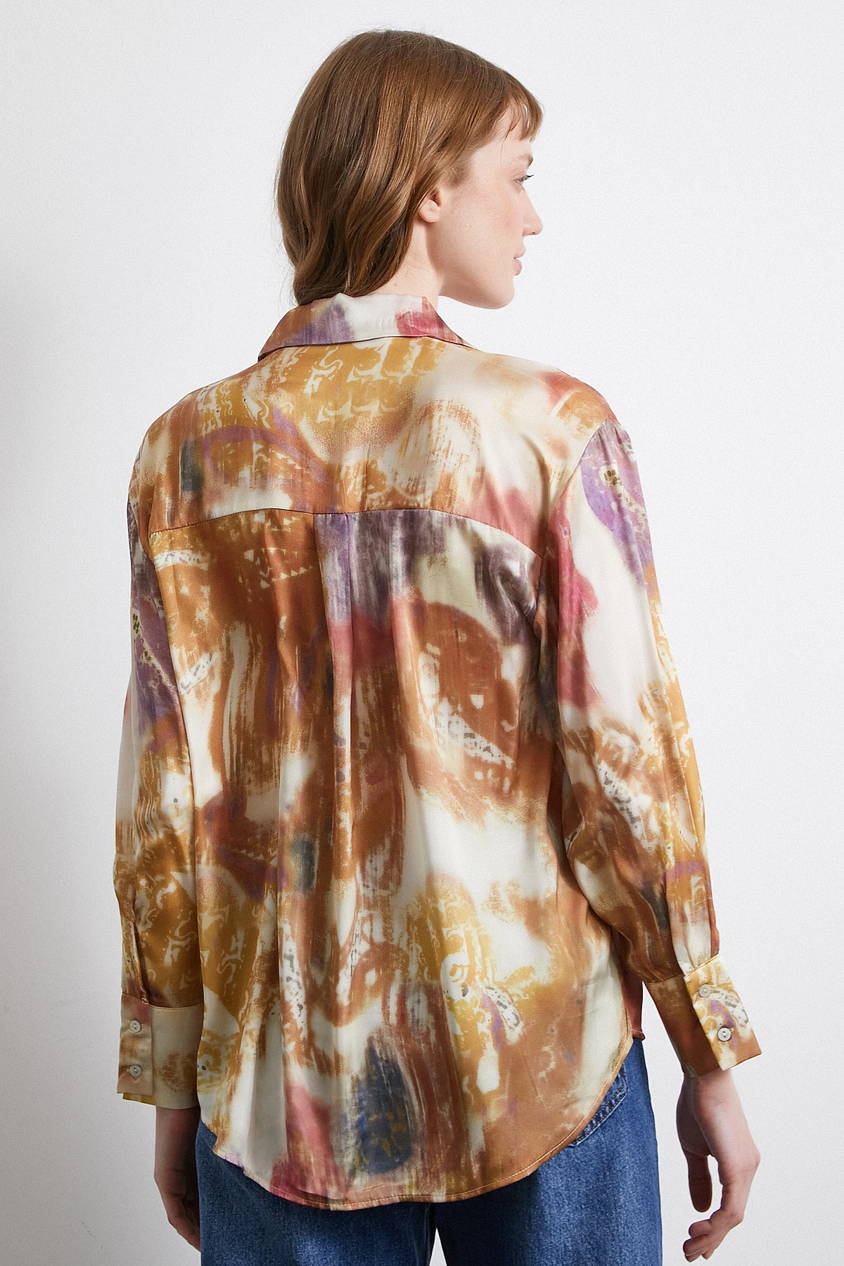 Desenli Saten Gömlek Lila