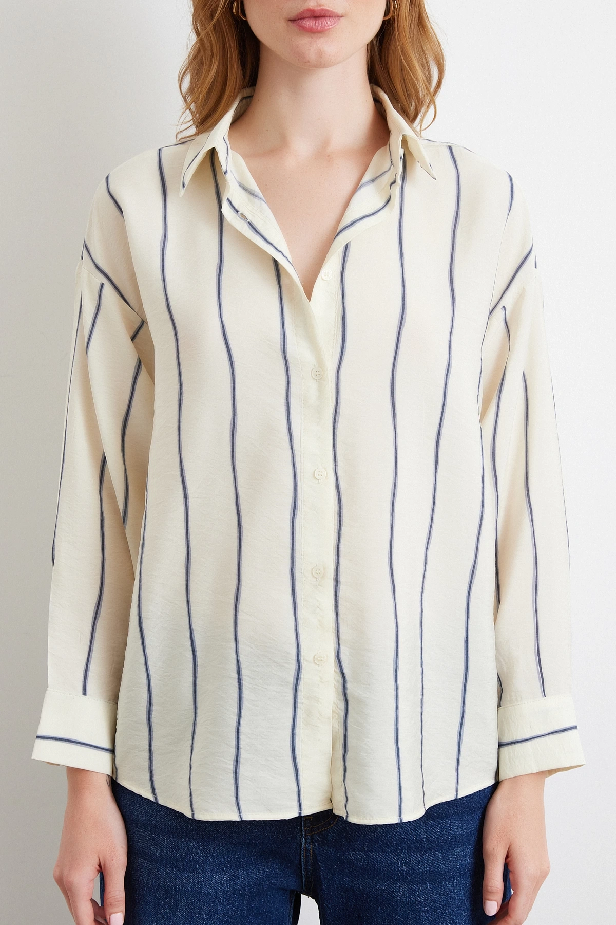 Çizgili Modal Gömlek İndigo