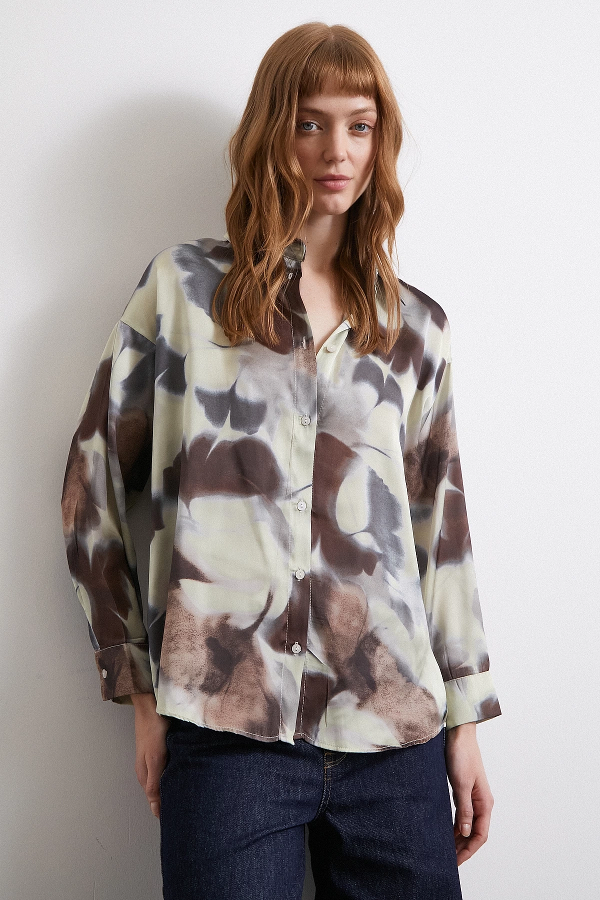 Batik Desen Saten Gömlek Kahve