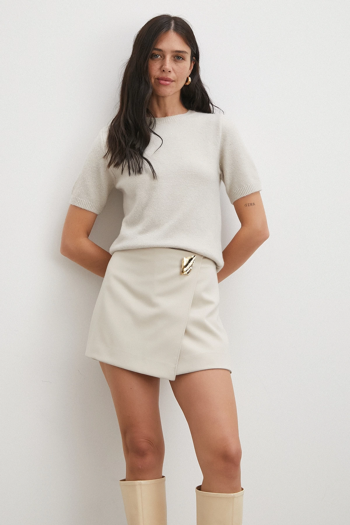 Simli Kısa Kol Kazak Bej