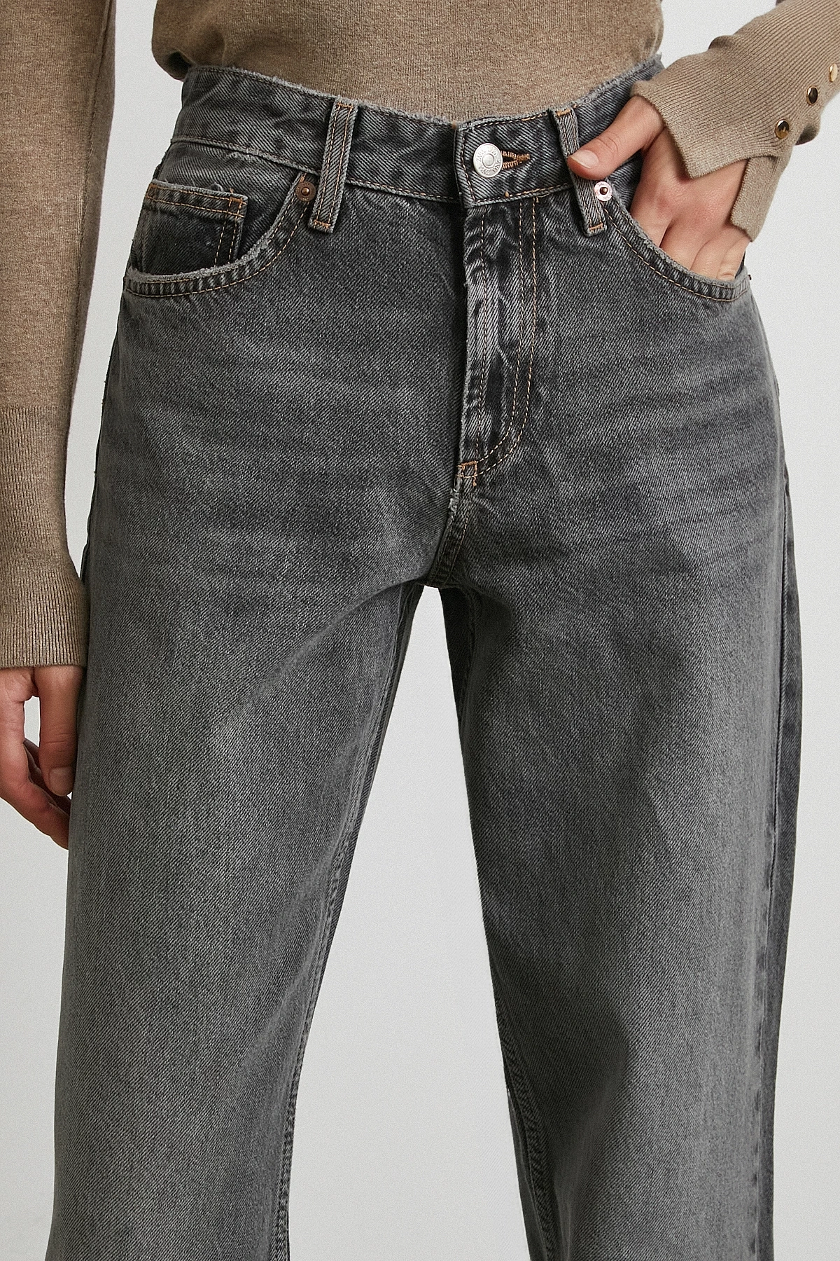 Beş Cepli Yüksek Bel Jean Gri