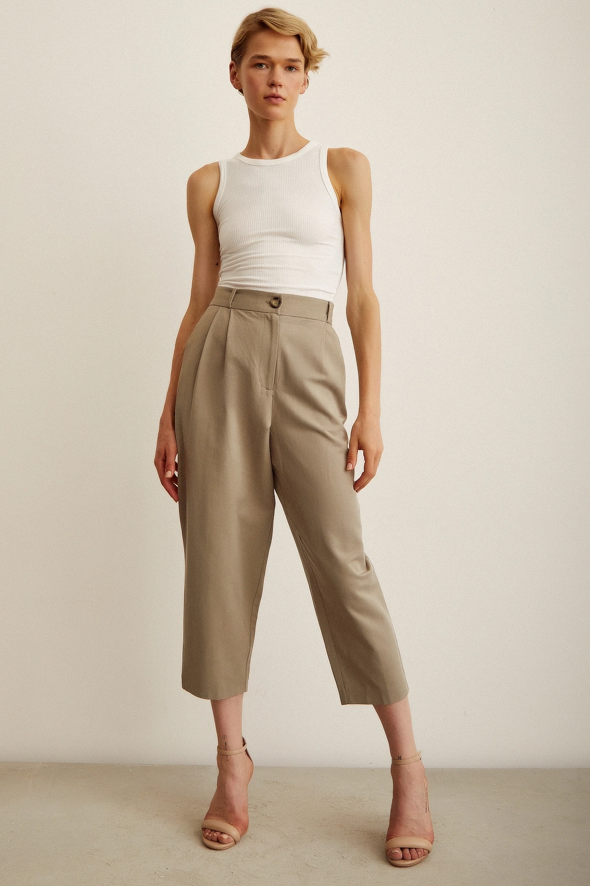 Önü Çift Pileli Pantolon Haki