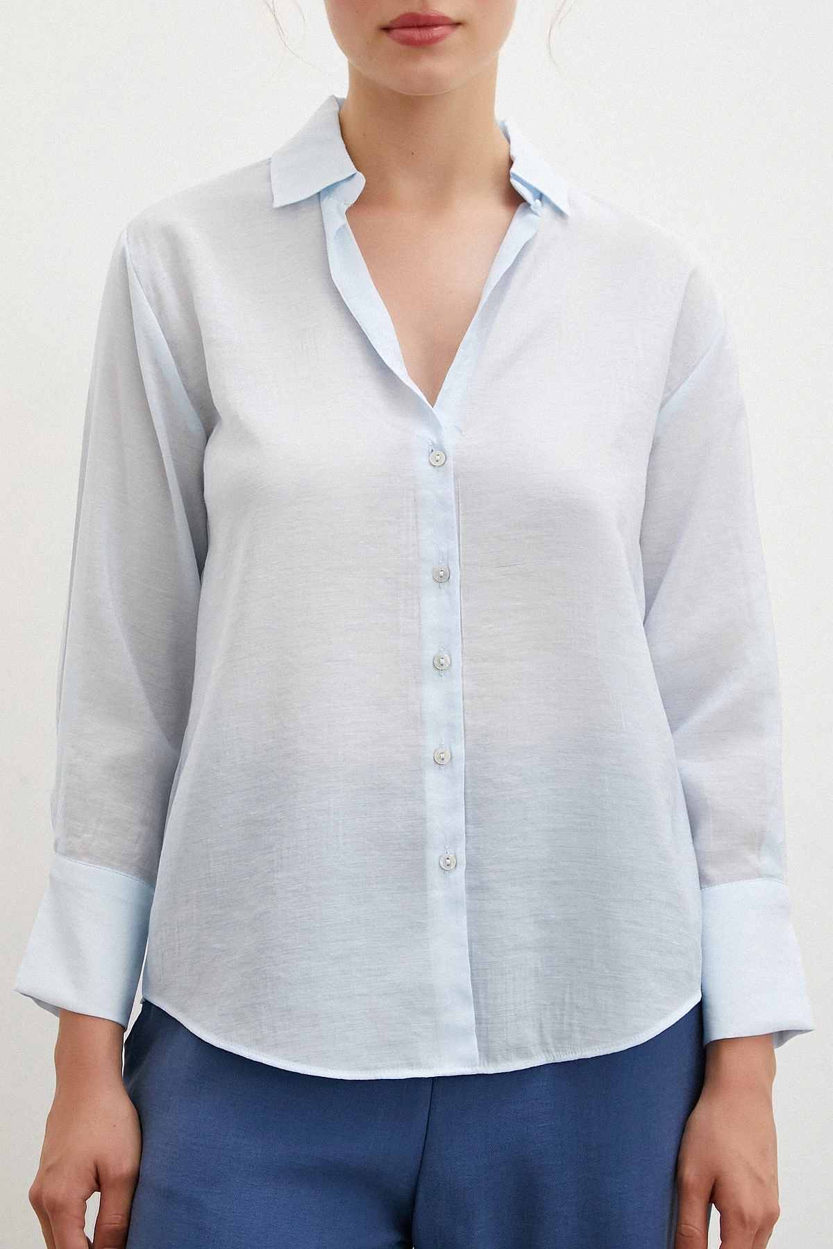 V Yaka Robalı Gömlek Mavi