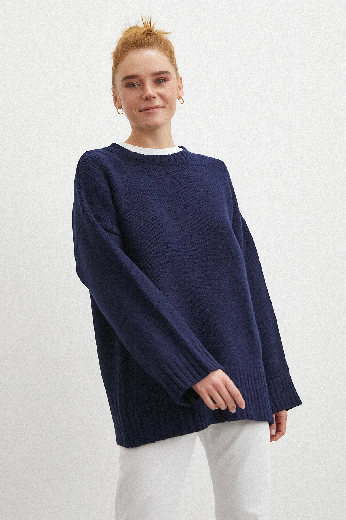 Bisiklet Yaka Fitilli Triko Kazak Lacivert