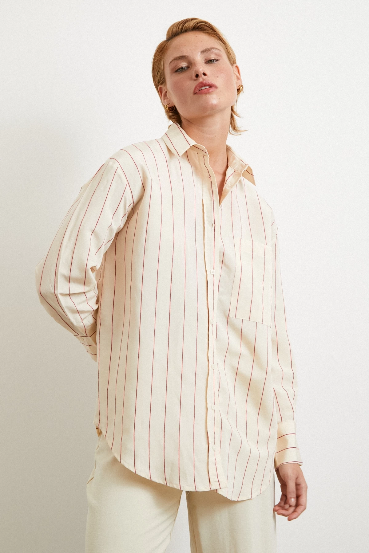 Kontrast Çizgili Modal Gömlek Fuşya