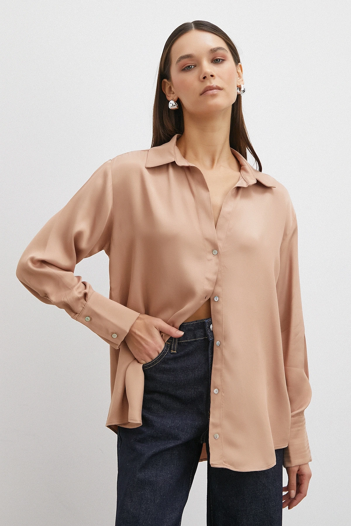 Viskon Saten Gömlek Somon