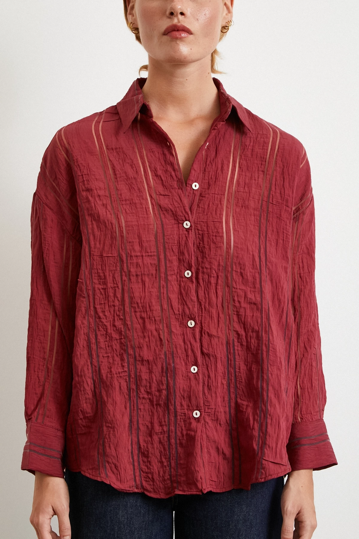 Organze Çizgili Gömlek Bordo