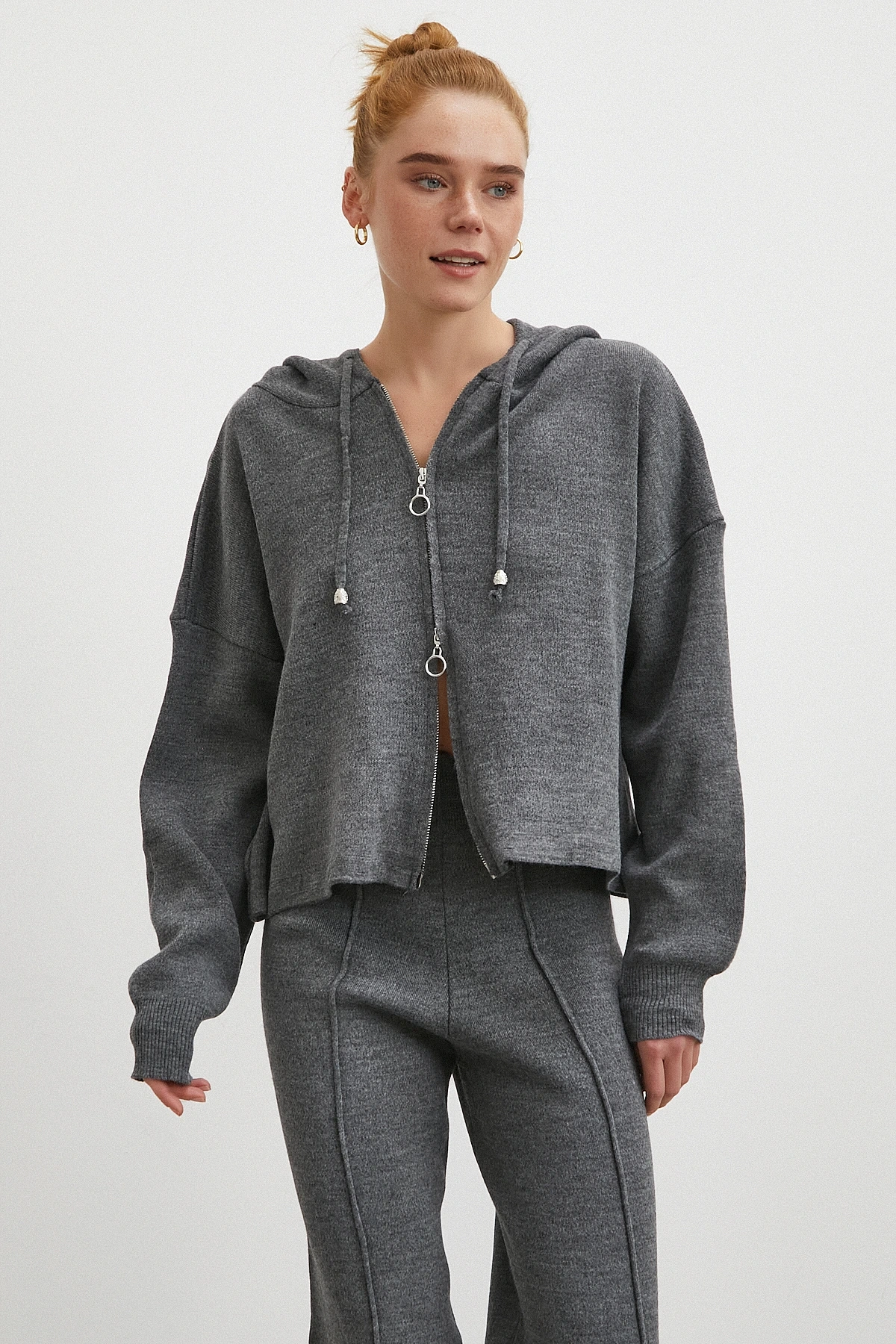 Çift Fermuarlı Kapüşonlu Pantolonlu Takım Gri