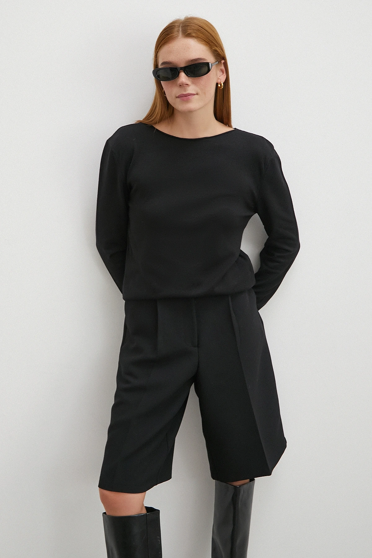 Kayık Yaka Uzun Kol Kazak Siyah