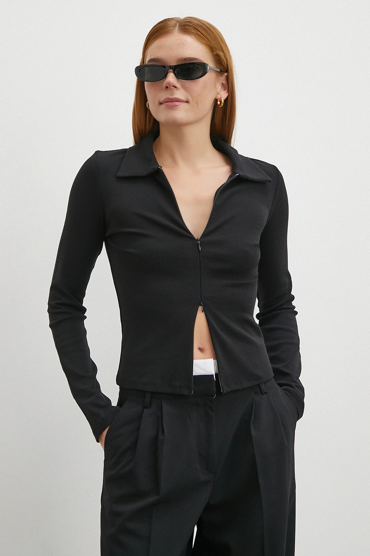 Yakalı Çift Fermuarlı Bluz Siyah
