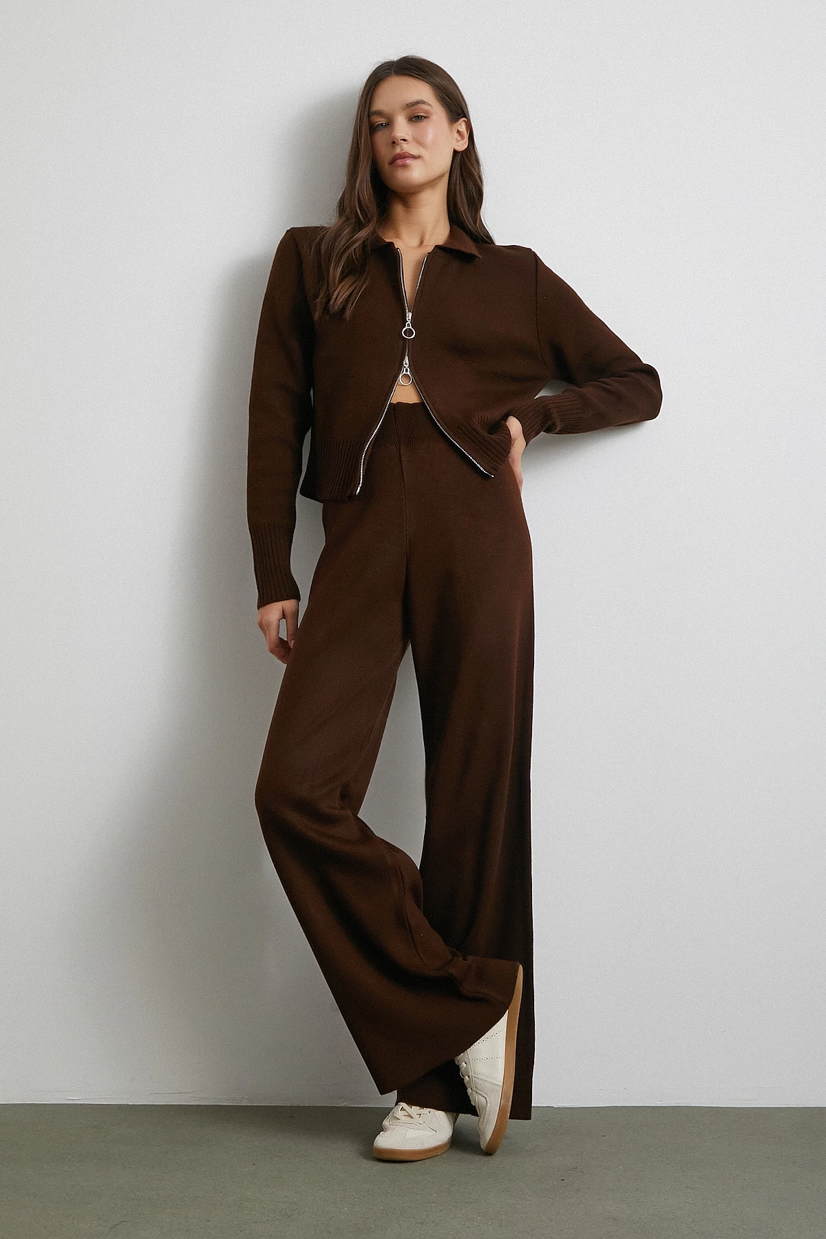 Çift Fermuarlı Hırka Takım Kahve