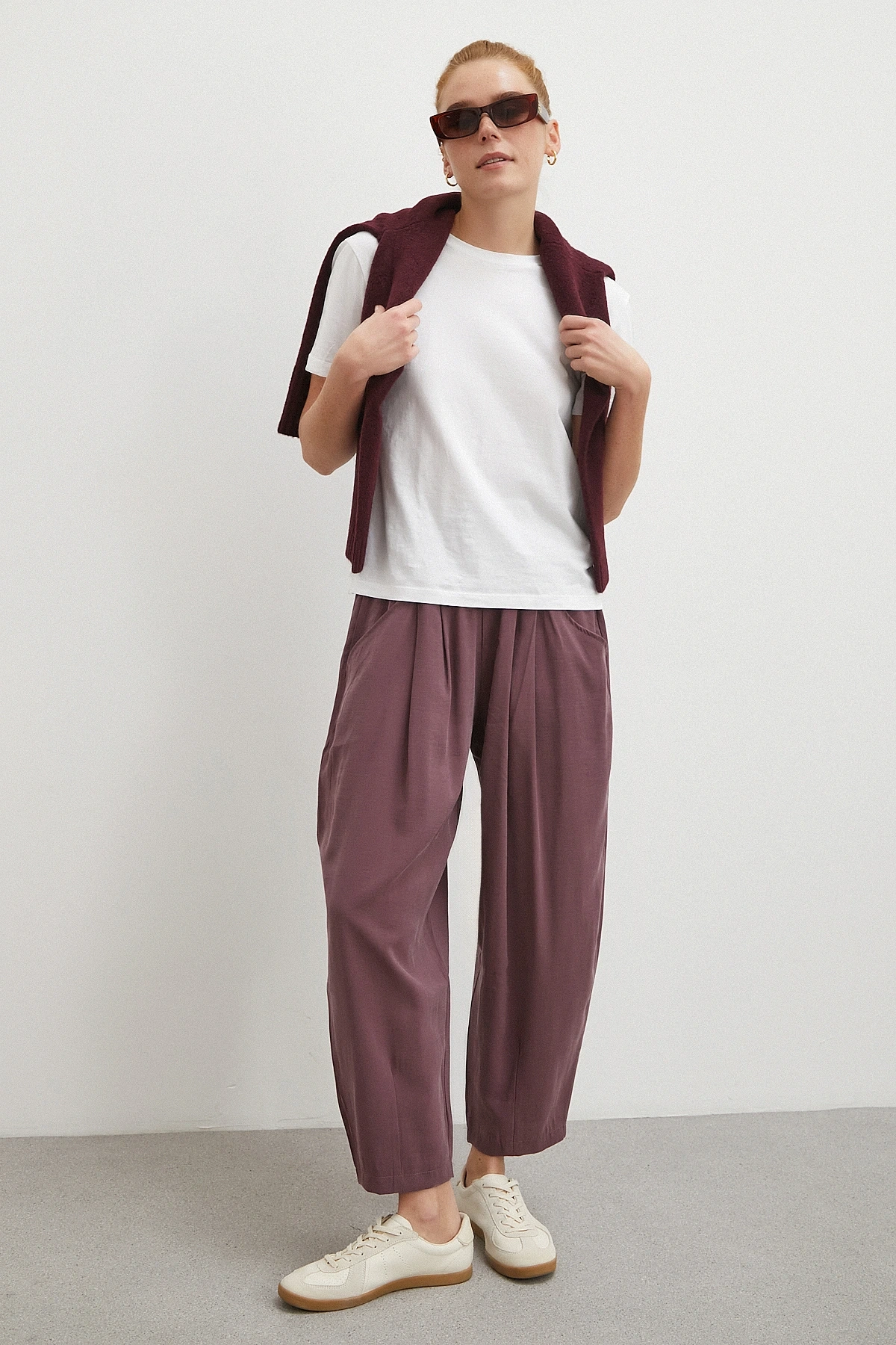 Bağcıklı Beli Lastikli Pileli Pantolon Mürdüm