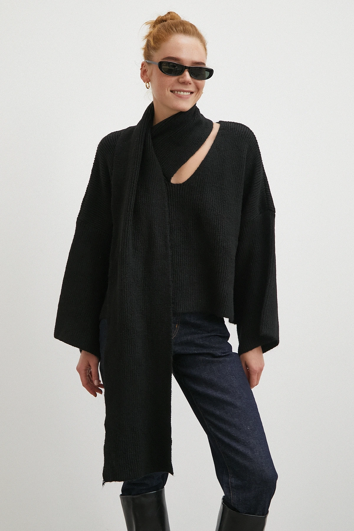 Fitilli Şal Yaka Kazak Siyah