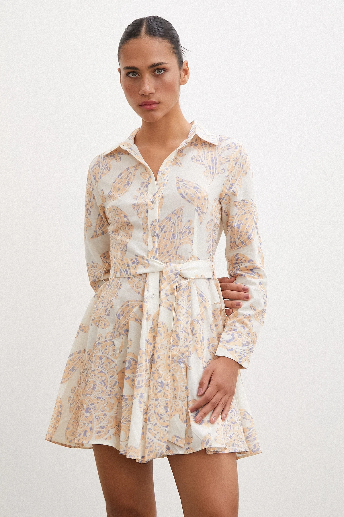 Godeli Desenli Elbise Krem