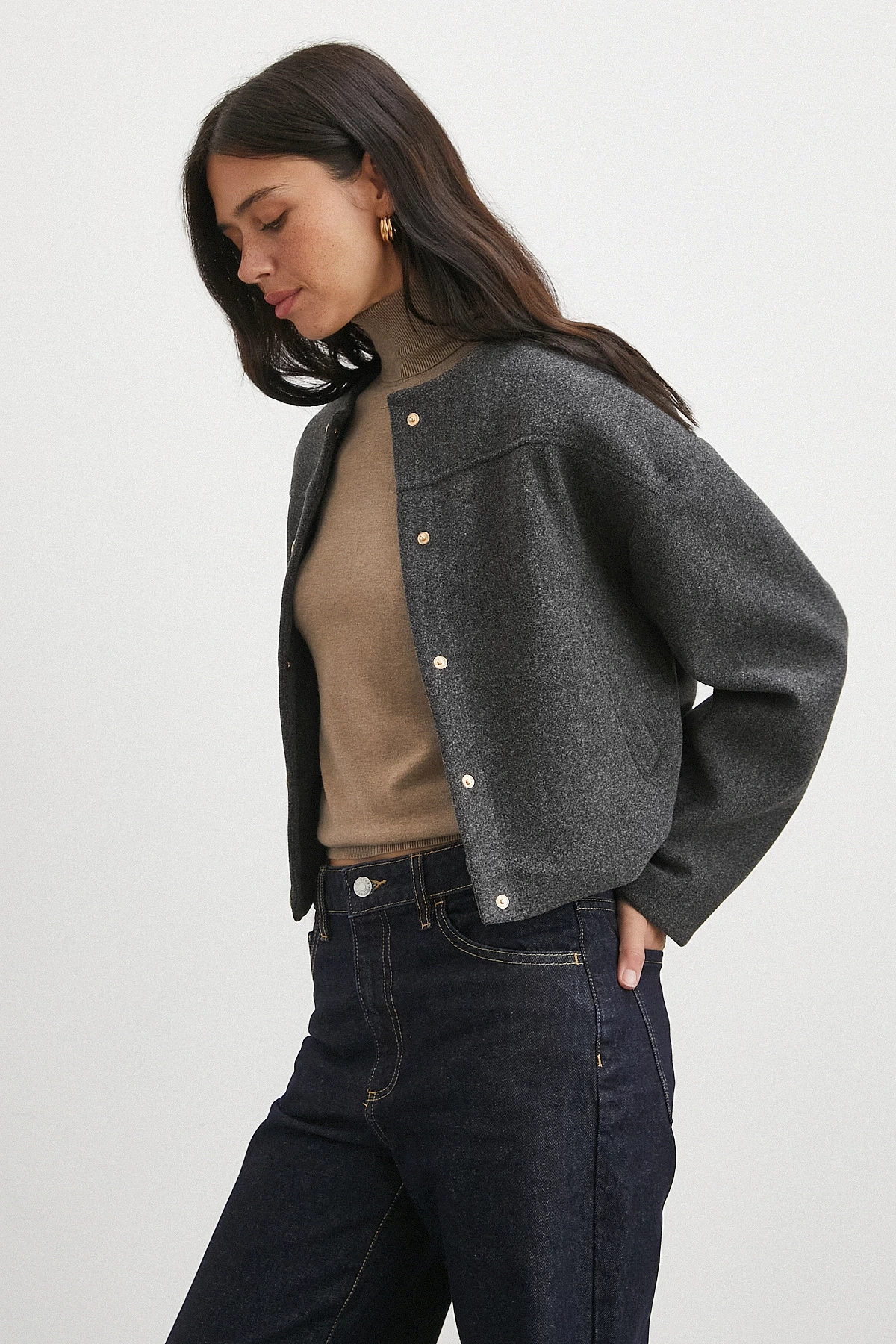 Beli Lastikli Düğmeli Bomber Ceket Antirasit