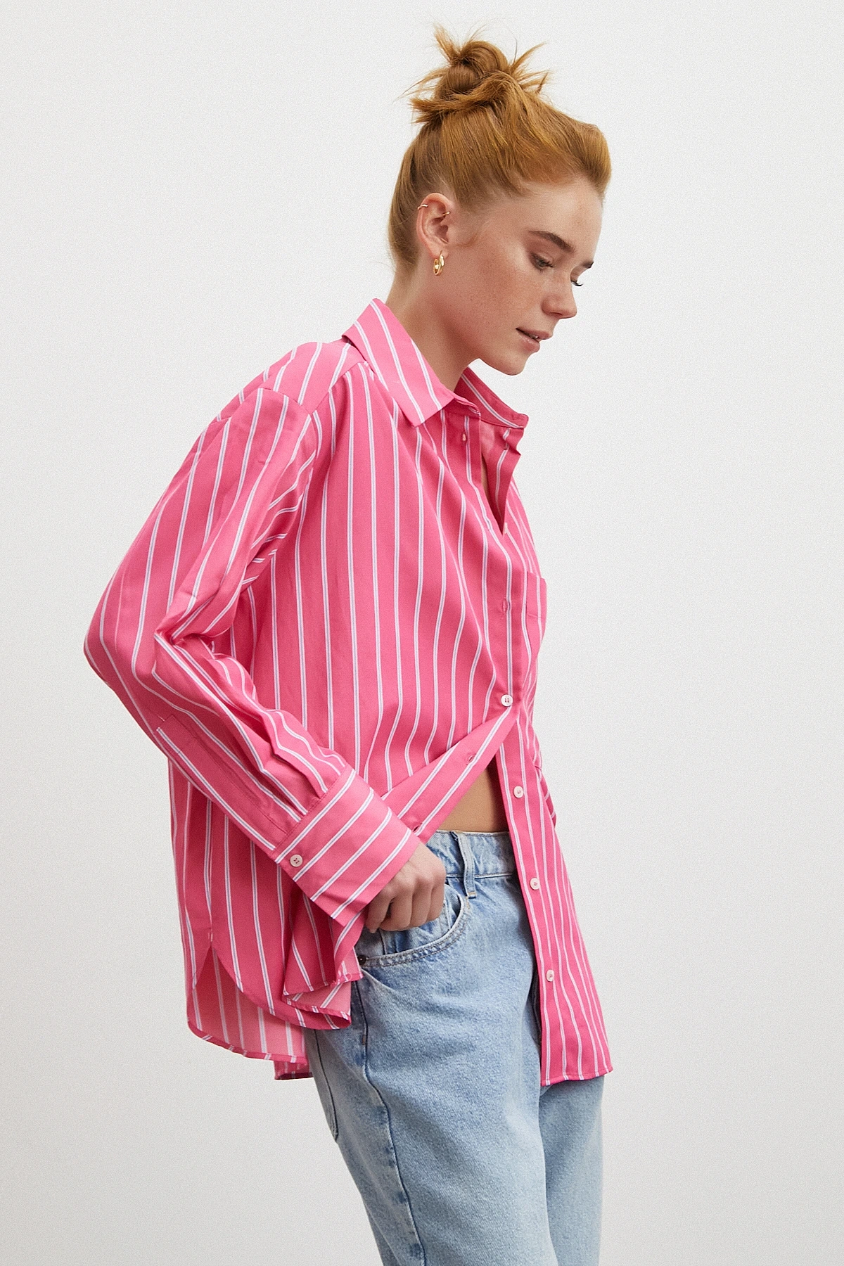 Çizgili Poplin Gömlek Pembe