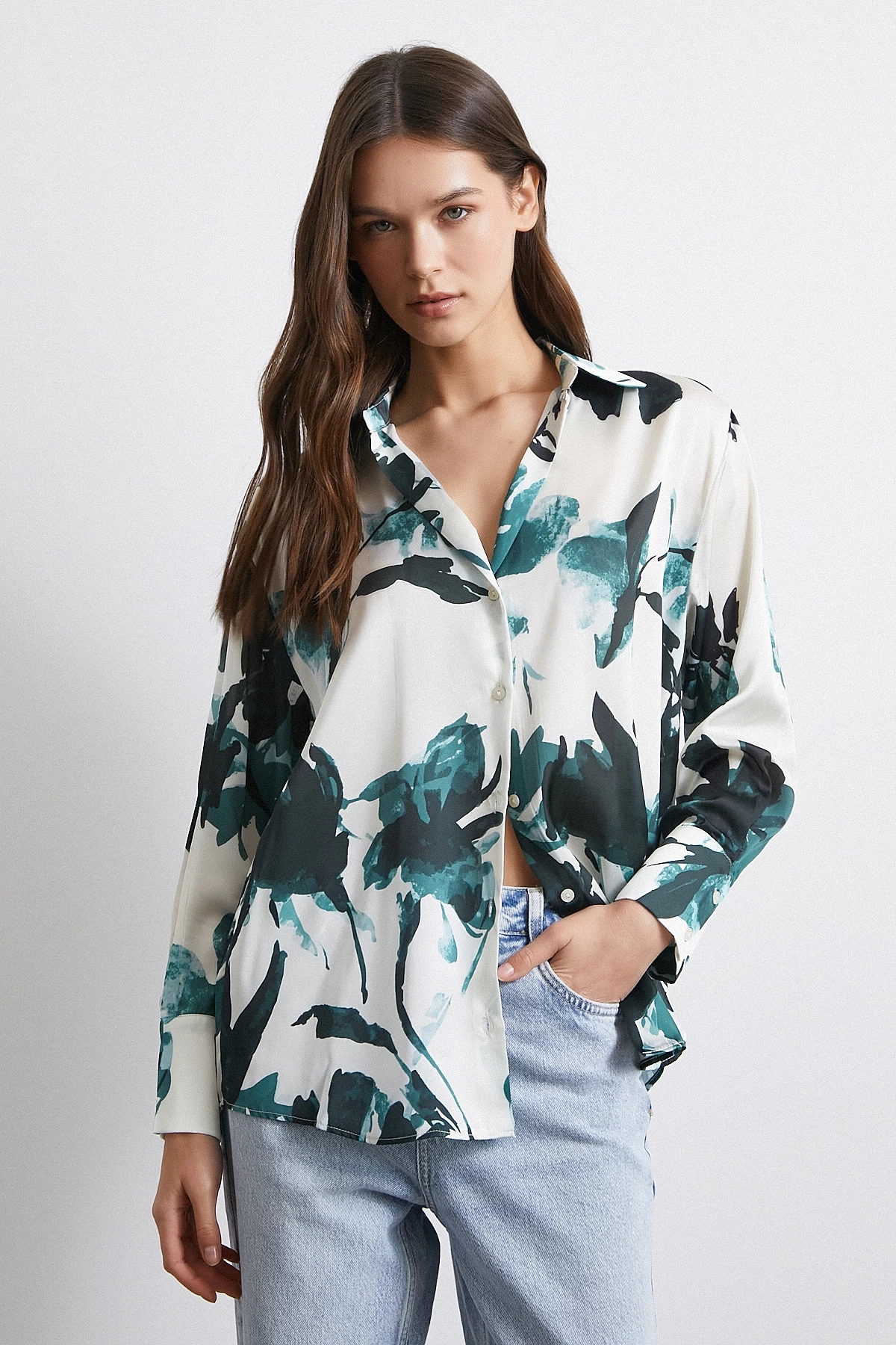 Saten Yüzeyli Desenli Gömlek Yeşil