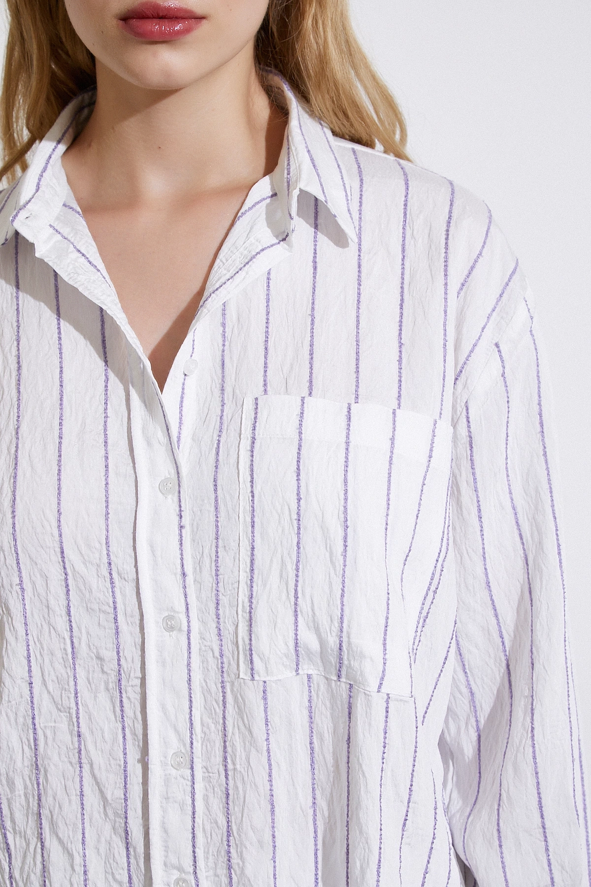 Çizgili Cepli Gömlek Mor