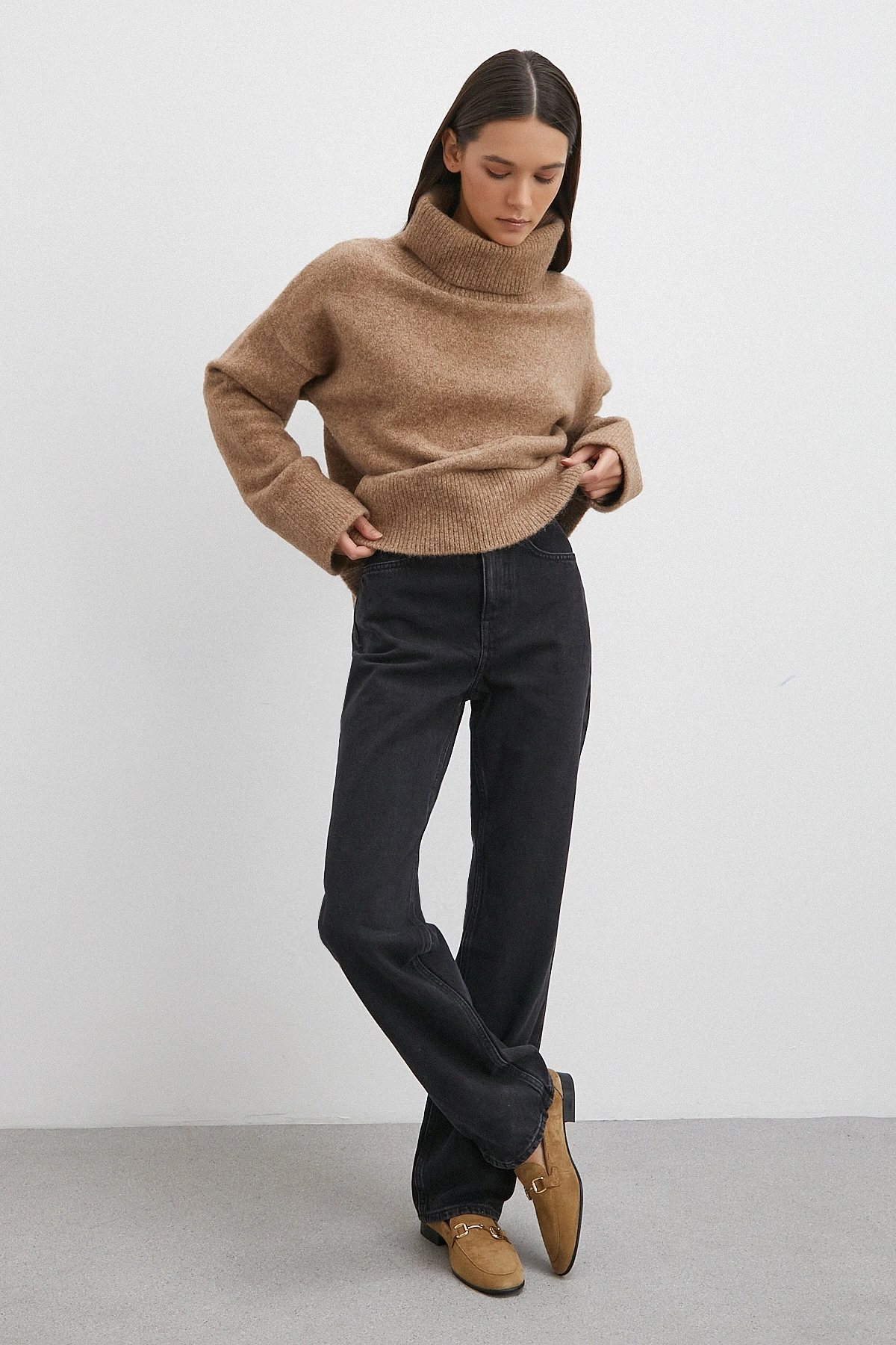 Yüksek Bel Boru Paça Jean Siyah