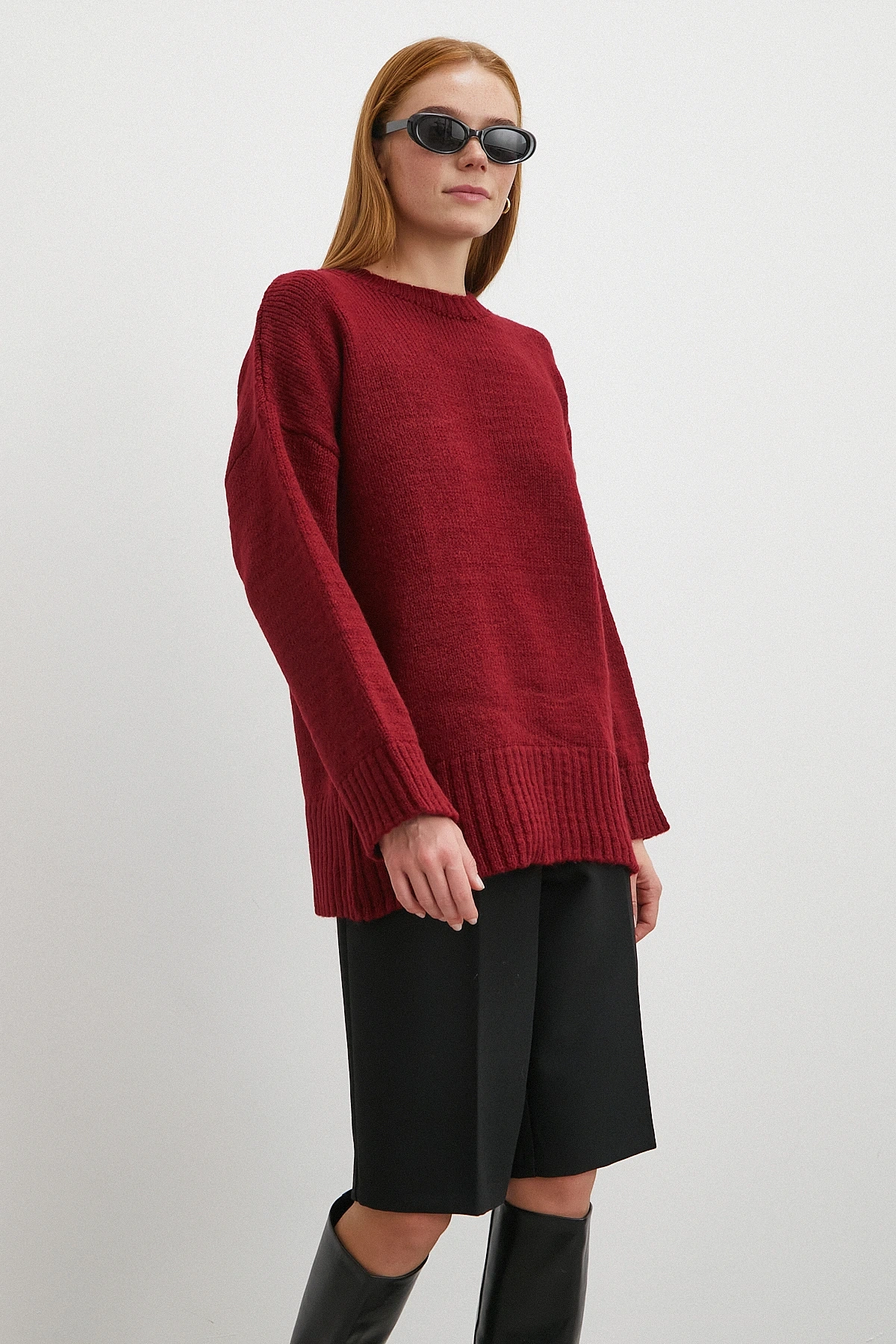 Bisiklet Yaka Fitilli Triko Kazak Bordo