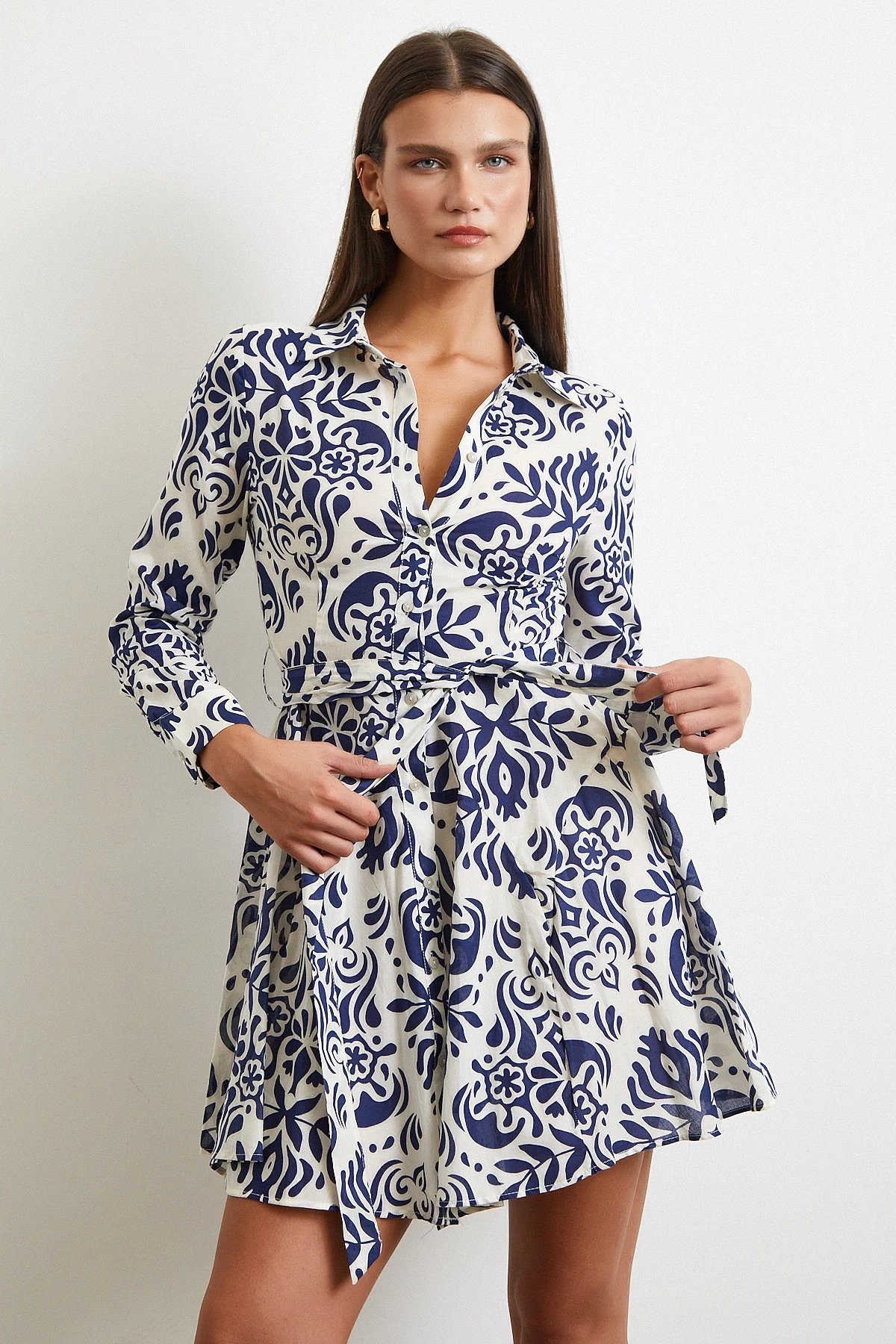 Godeli Desenli Elbise Lacivert