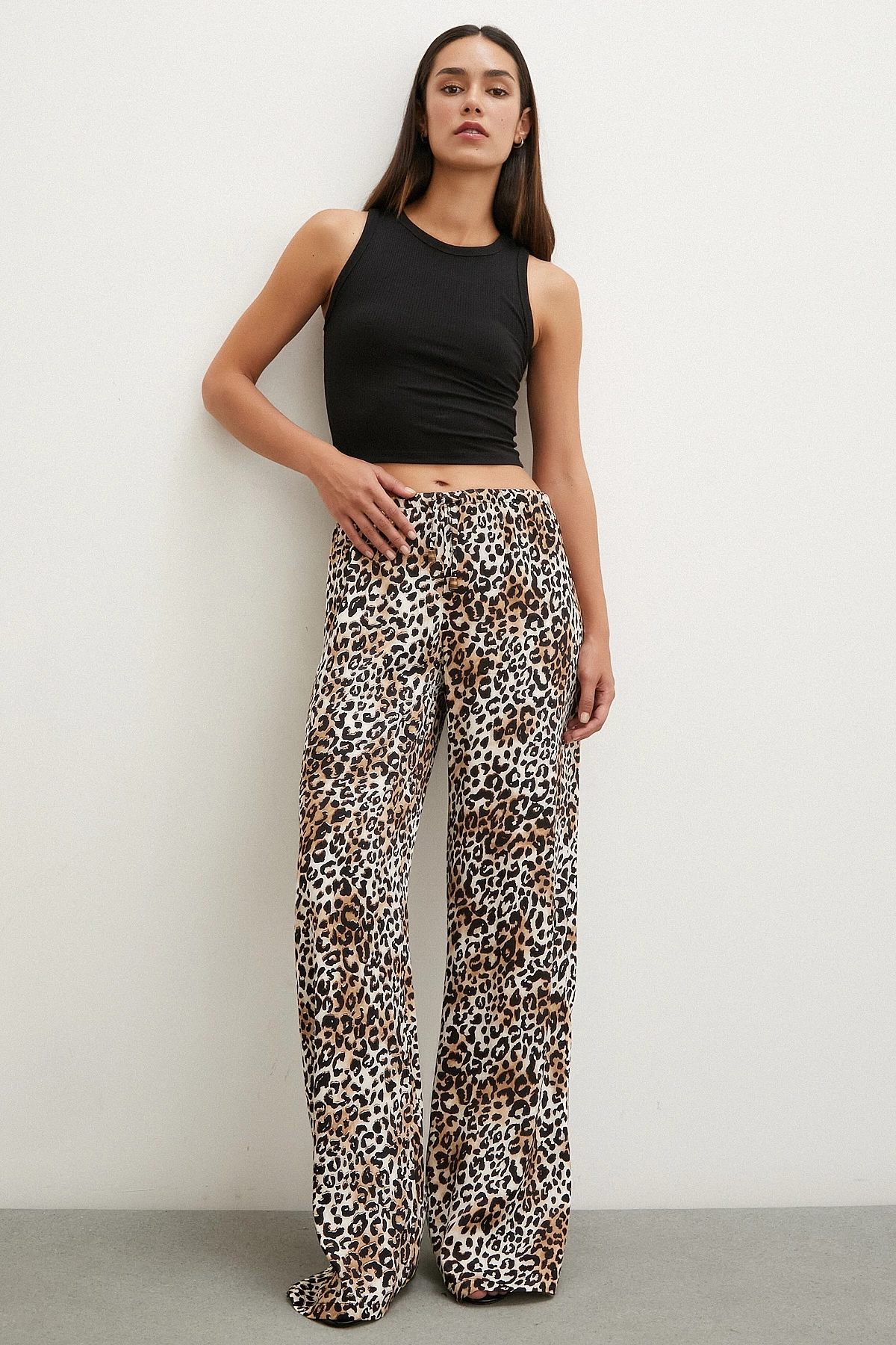 Leopar Saten Pantolon Siyah