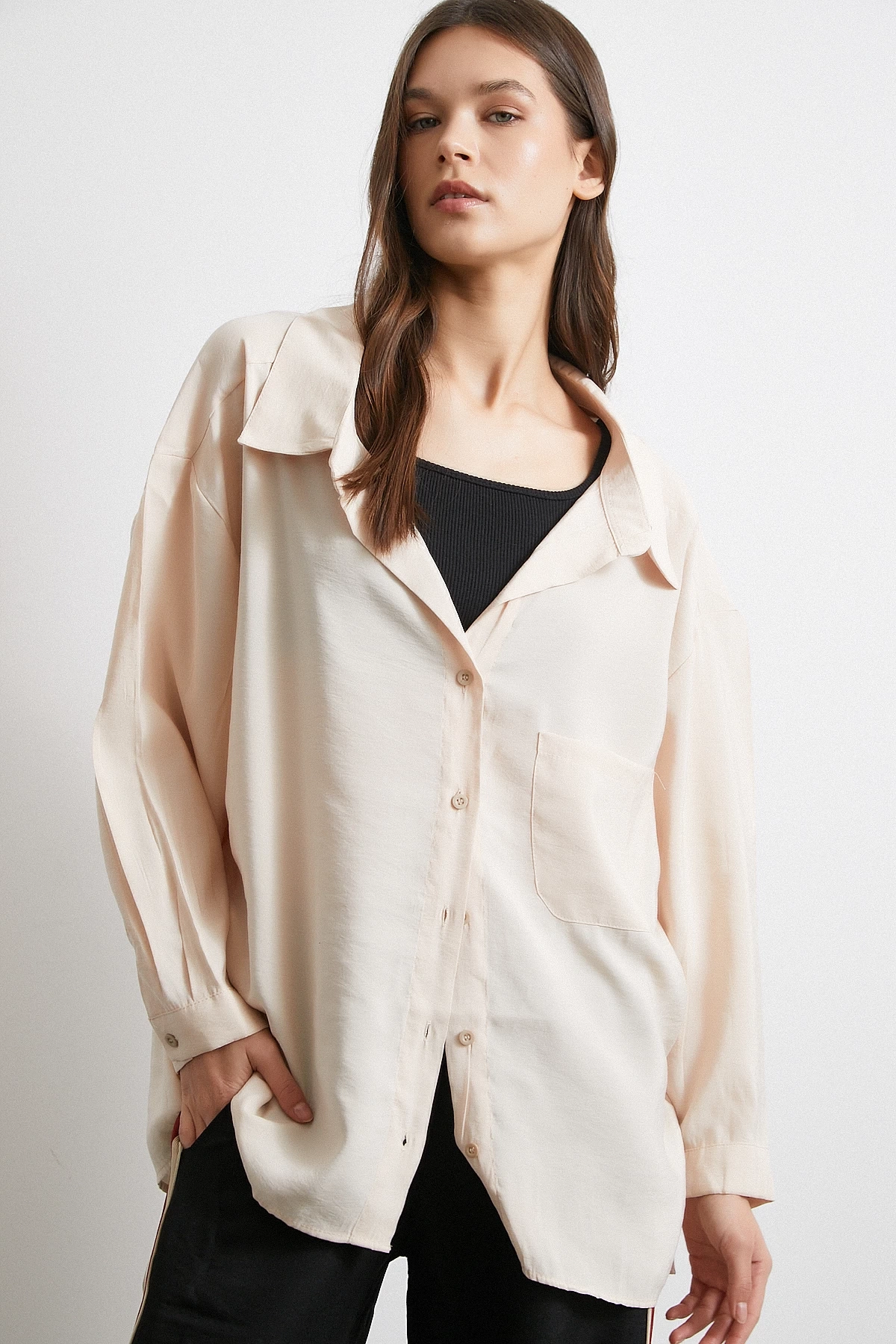 Oversize Cepli Modal Gömlek Bej