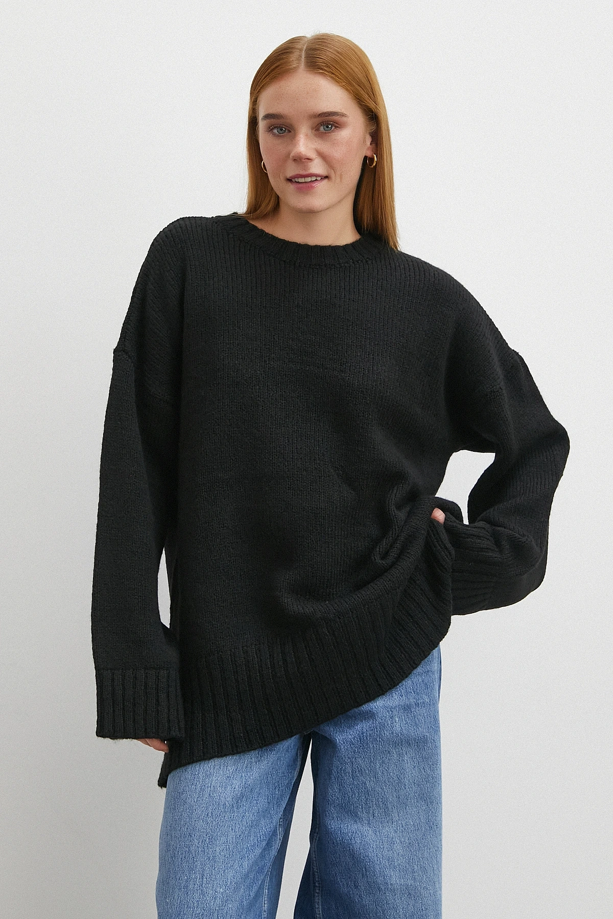 Bisiklet Yaka Fitilli Triko Kazak Siyah