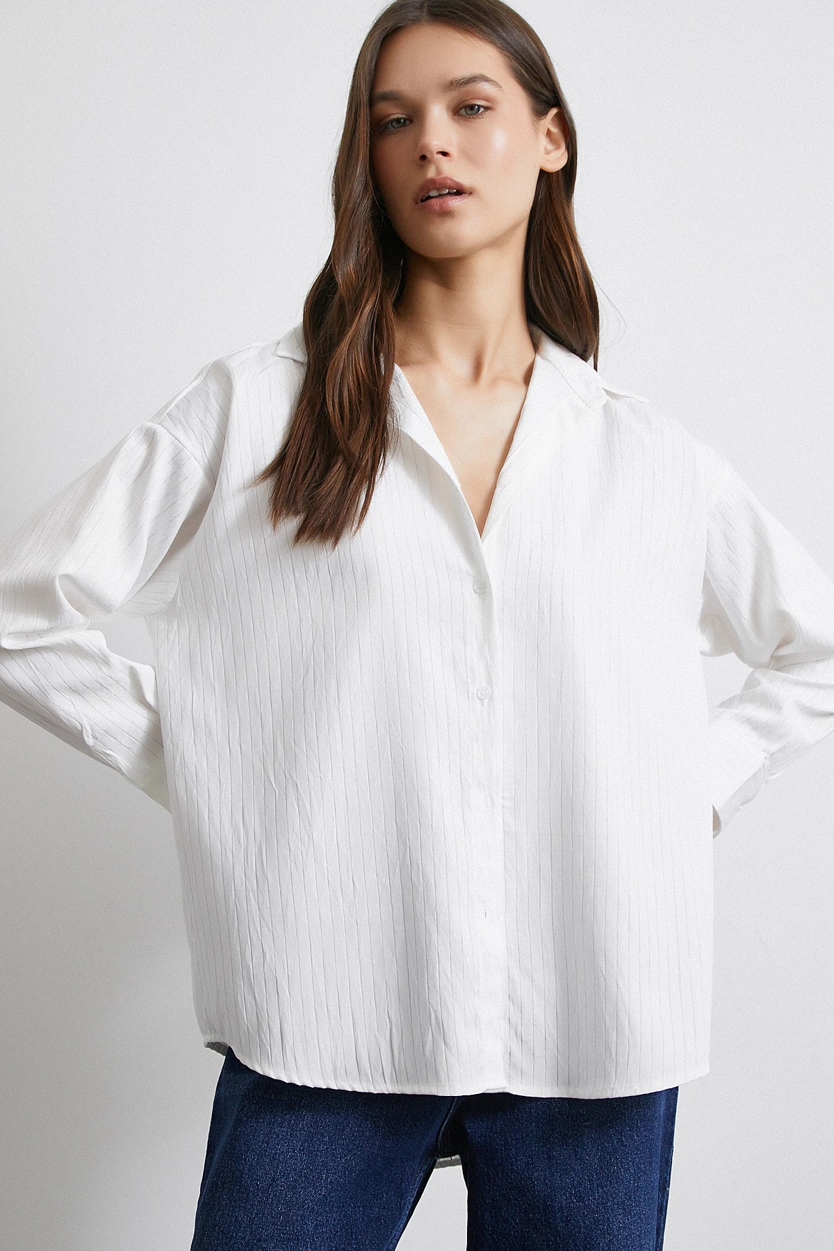 Diagonal Desen Gömlek Beyaz